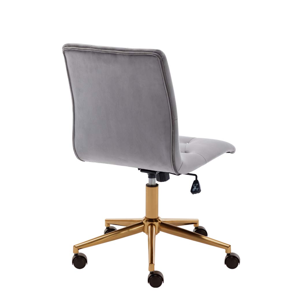 DUHOME Armless Velvet Tufted Office Chair - Adjustable Rolling Desk Chair with Wheels & Back Support, Grey - Perfect for Home Office, Computer Work & Vanity Dressing