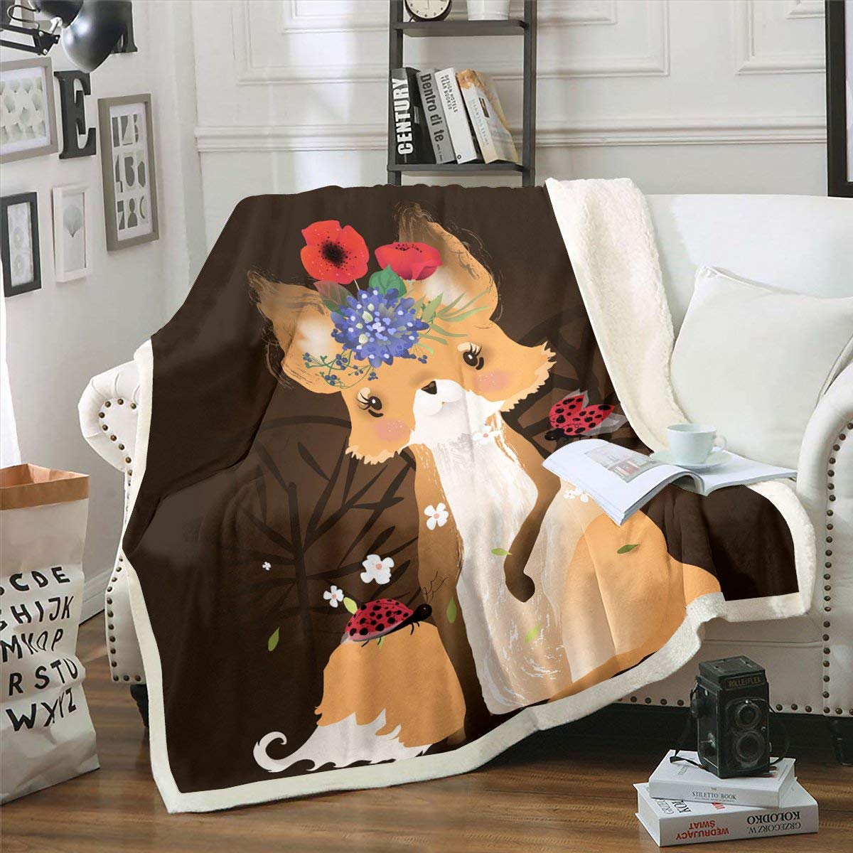Erosebridal Fox Print Sherpa Fleece Blanket - 30