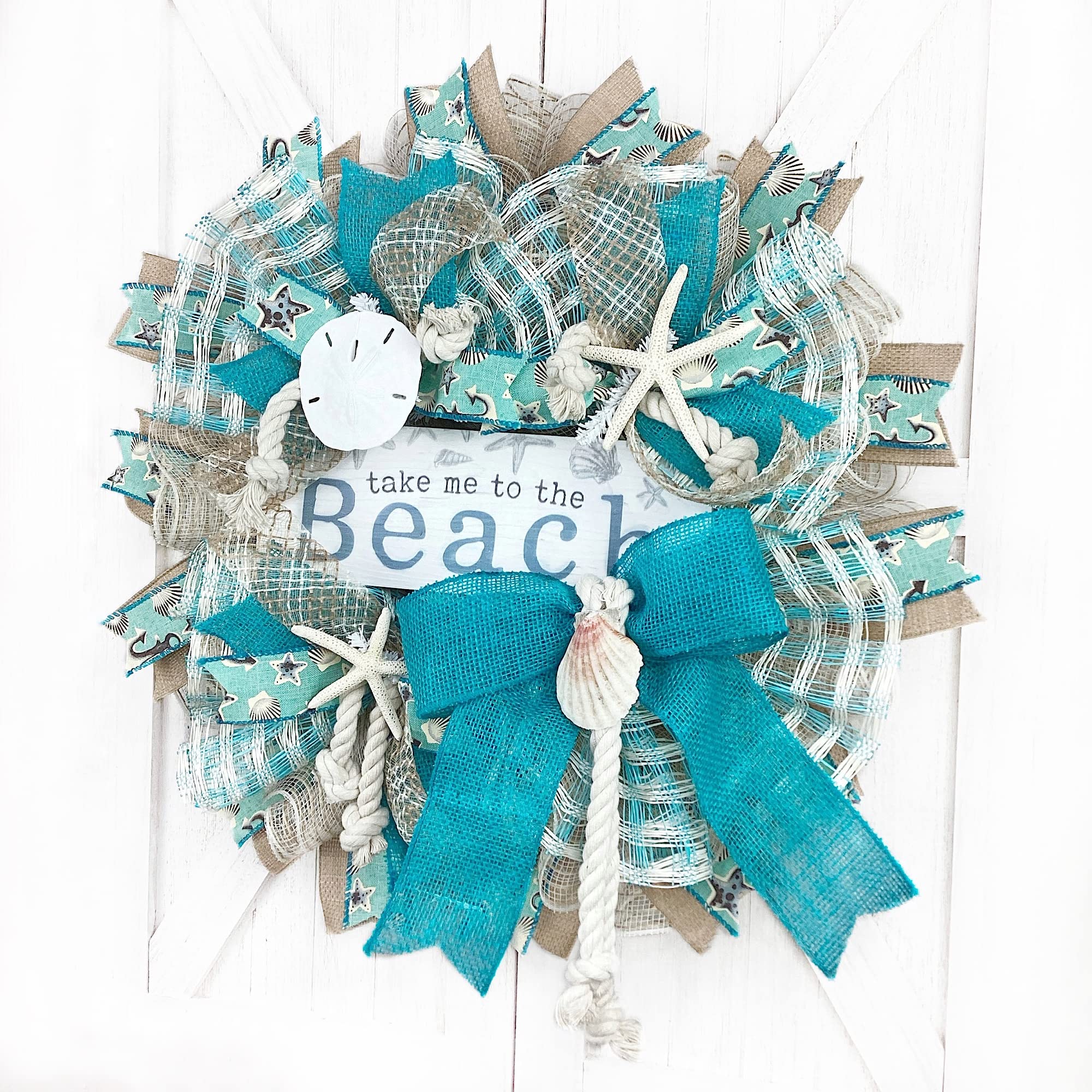 Handmade Coastal Beach Wreath with White Sand Deco Mesh, Starfish, Shells & Sand Dollars - Perfect for Porch, Door Decor & Summer Home Decorating