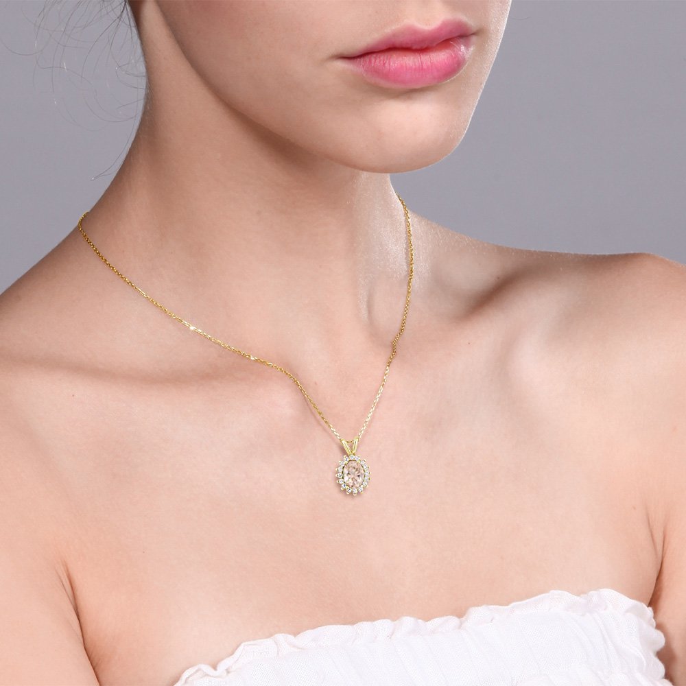 14K Yellow Gold Oval Gemstone Birthstone Halo Pendant Necklace for Women | 8X6MM Oval Cut | 18 Inch Gold Chain | Personalized Birthstone Jewelry Gift for Mom, Wife, Daughter | Perfect for Birthdays, Anniversaries & Special Occasions