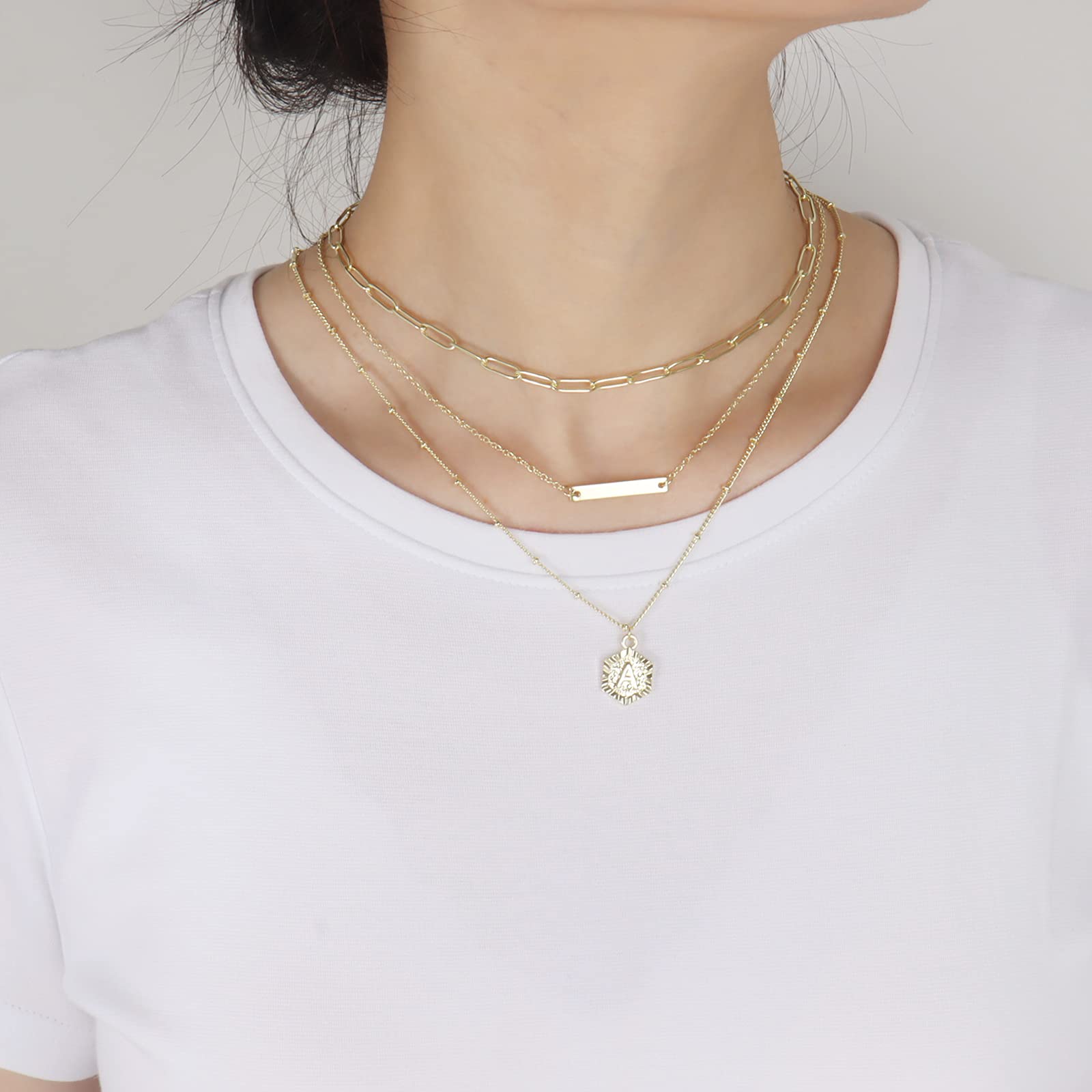 YANCHUN 14K Gold Plated Initial Necklace for Women - Layered Paperclip Link Chain Pendant Jewelry - Perfect for Birthday, Anniversary Gifts & Everyday Wear