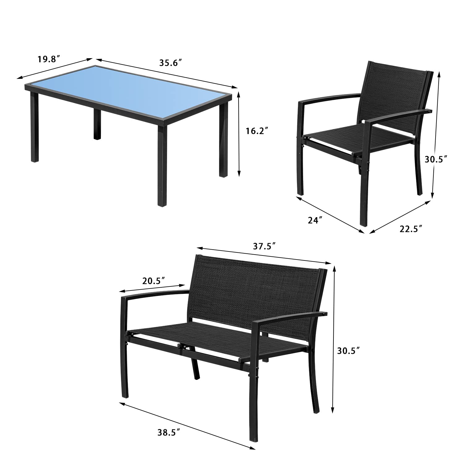 Devoko 4-Piece Outdoor Patio Furniture Set - Black Wicker Garden Conversation Set with Tempered Glass Coffee Table - Perfect for Poolside, Lawn, Porch & Backyard Relaxation