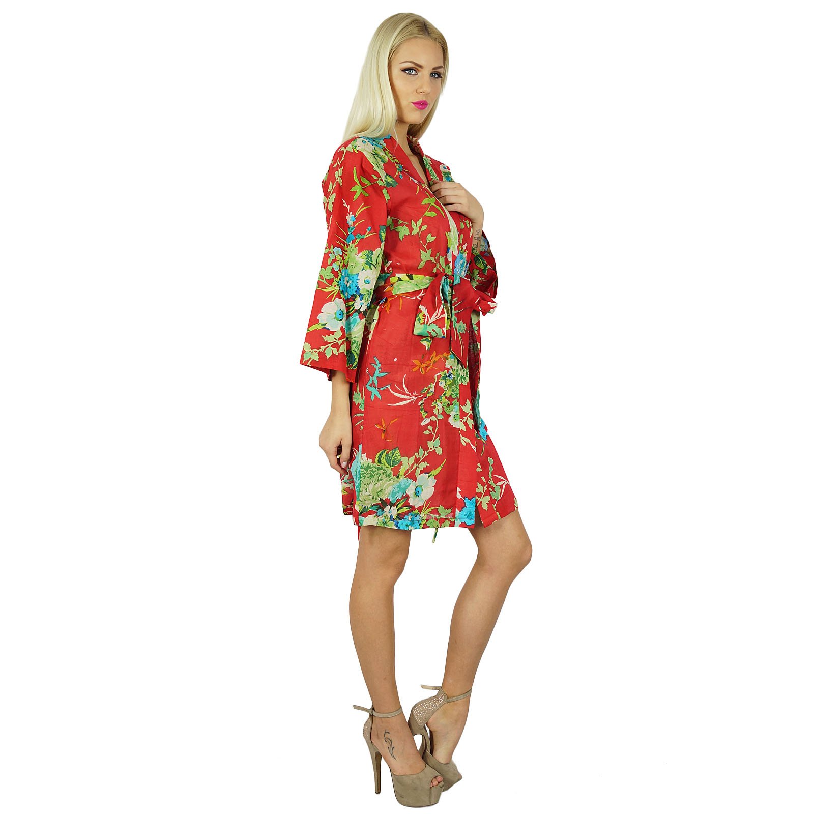 Bimba Women's Short Cotton Robe - Floral Print Bridesmaid Robe, Getting Ready Wrap, Spa Cover Up - Perfect for Wedding, Bridal Shower, Bachelorette Party & Relaxation at Home