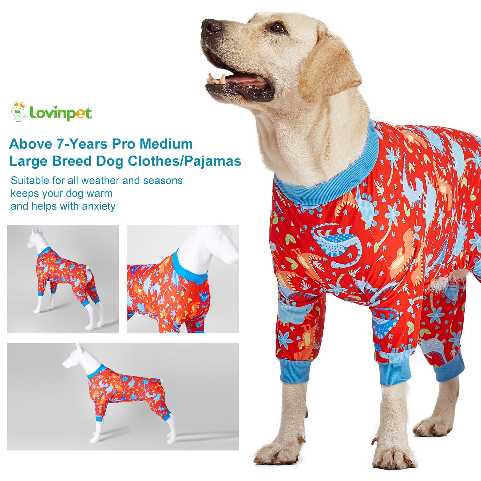 LovinPet Pitbull Dog Pajamas - Large Dog Onesies for Surgery & Wound Care, Lightweight Stretchy Knit Dinosaur Print Pajamas with UV Protection - XL Dog Costume for Anxiety Relief & Comfort | Perfect for Post-Surgery Recovery, Winter Warmth, and Pet Photo Shoots