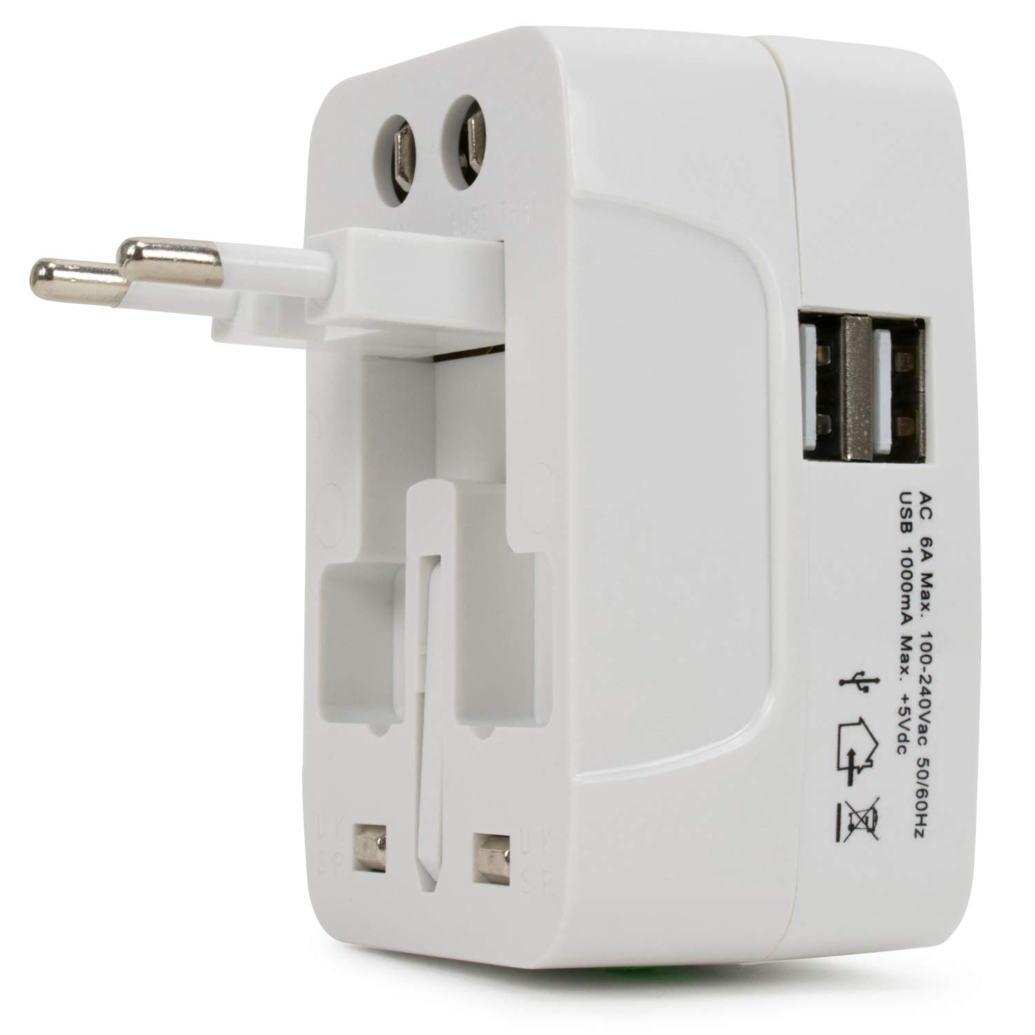 Universal International Travel Adapter with Dual USB Ports - 3-Prong US Plug (White) - Perfect for Business Trips, Vacations & Global Travel Accessories