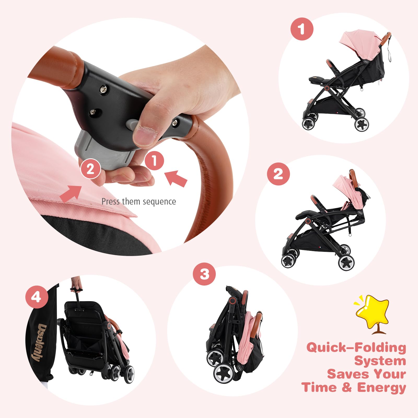 BABY JOY Lightweight Compact Baby Stroller for Travel - Airplane Approved Infant Stroller with 5-Point Safety Harness, Adjustable Backrest & Canopy, Large Storage Basket - Easy One-Hand Fold (Pink) | Perfect for Air Travel, Shopping, and Everyday Walks with Your Toddler