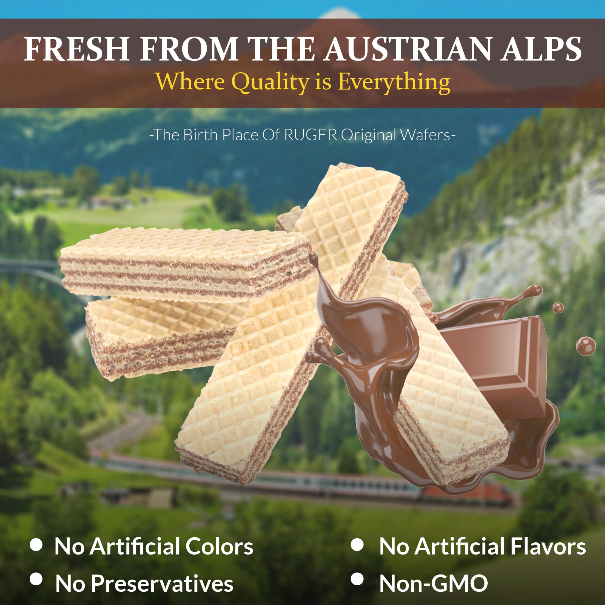 Ruger Austrian Chocolate Wafers - 12 Pack (2.125 oz Each) | Crispy Creamy Chocolate Snacks with Natural Ingredients | Long Shelf Life | Perfect for Office Snacks, Dessert Toppings & Gift Baskets
