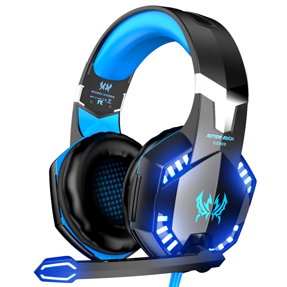 VersionTECH. G2000 Gaming Headset with Noise Cancelling Mic - Bass Surround Sound, LED Lights & Soft Memory Earmuffs for PS5, PS4, Xbox One, PC, Mac, Nintendo Switch - Perfect for FPS, RPG & Online Gaming (Blue)