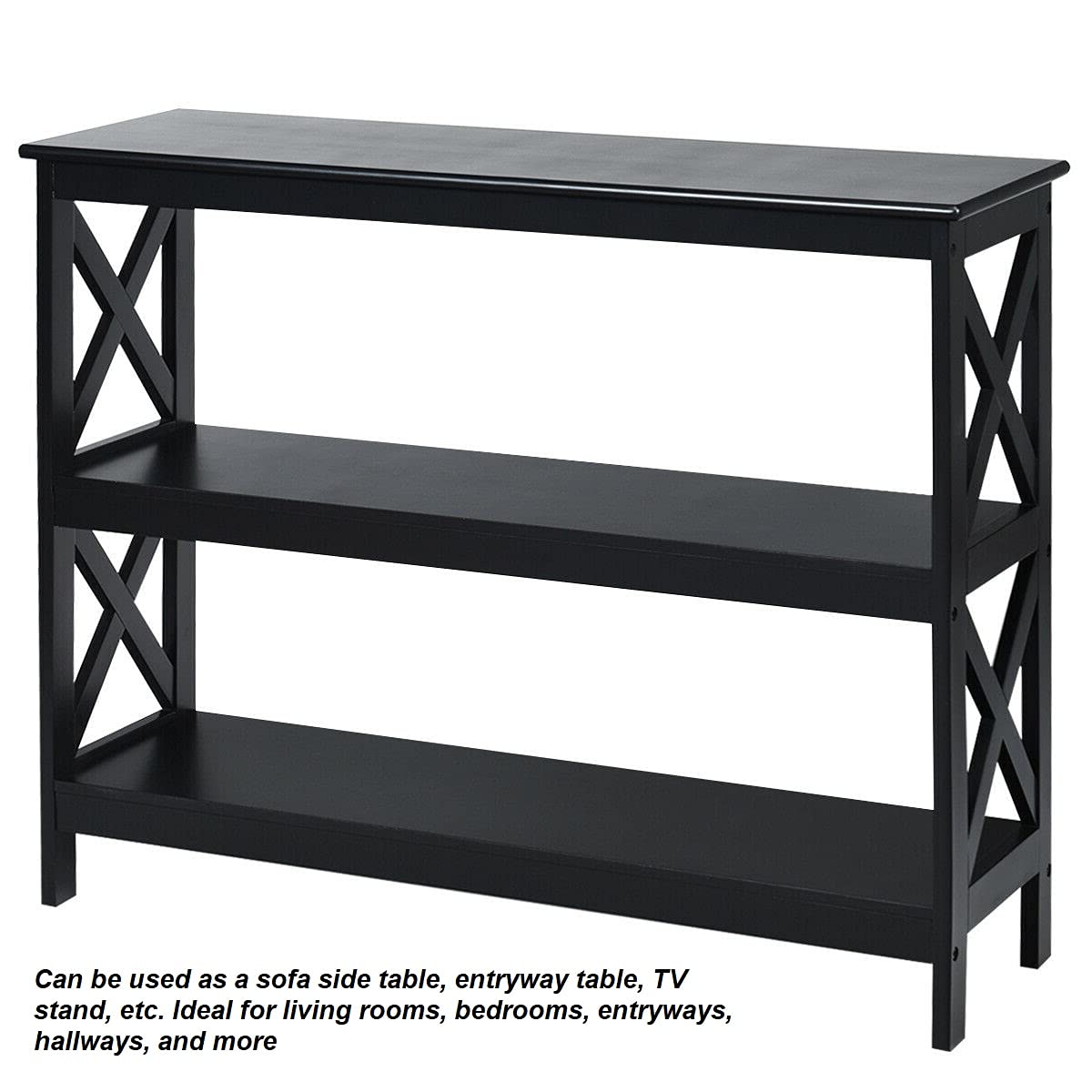 3-Tier Black Entryway Console Table - Hallway Sofa Side Table, TV Stand, Bookshelf for Books, Photo Frames & Plants | Multi-Functional Accent Table for Phone Chargers, Remotes & Keys | Perfect for Living Room, Bedroom & Office Decor