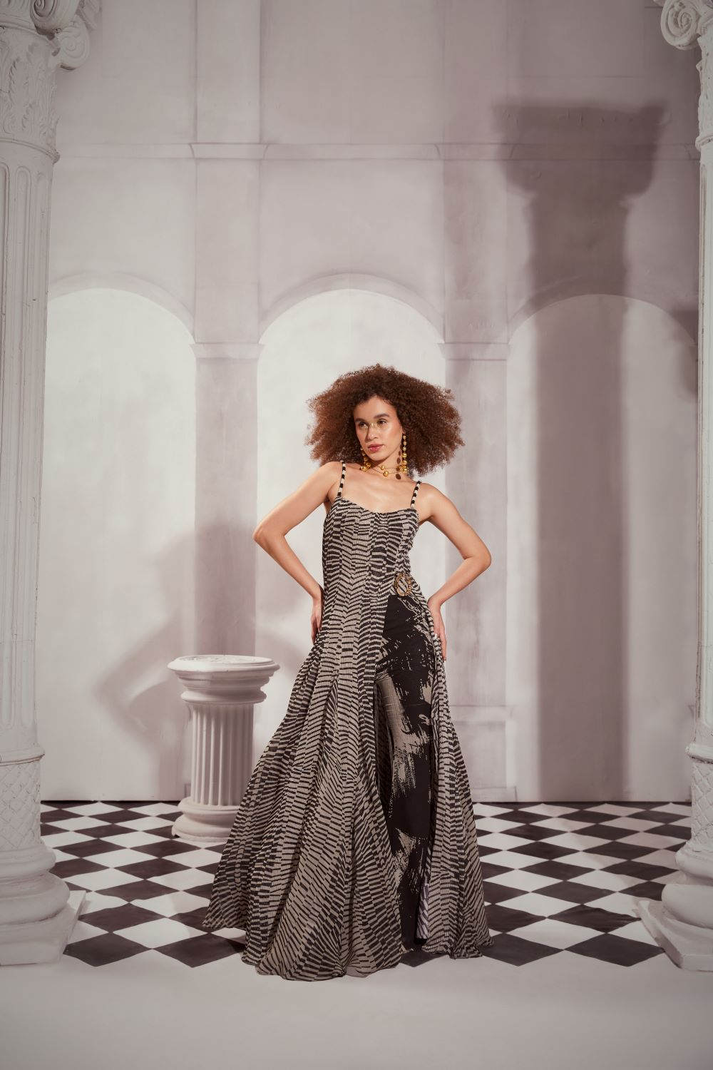 Black & White Byzantine Print High Waist Pants with Gold Buckle Belt - Elegant Palazzo Pants for Women, Perfect for Parties, Weddings & Evening Events