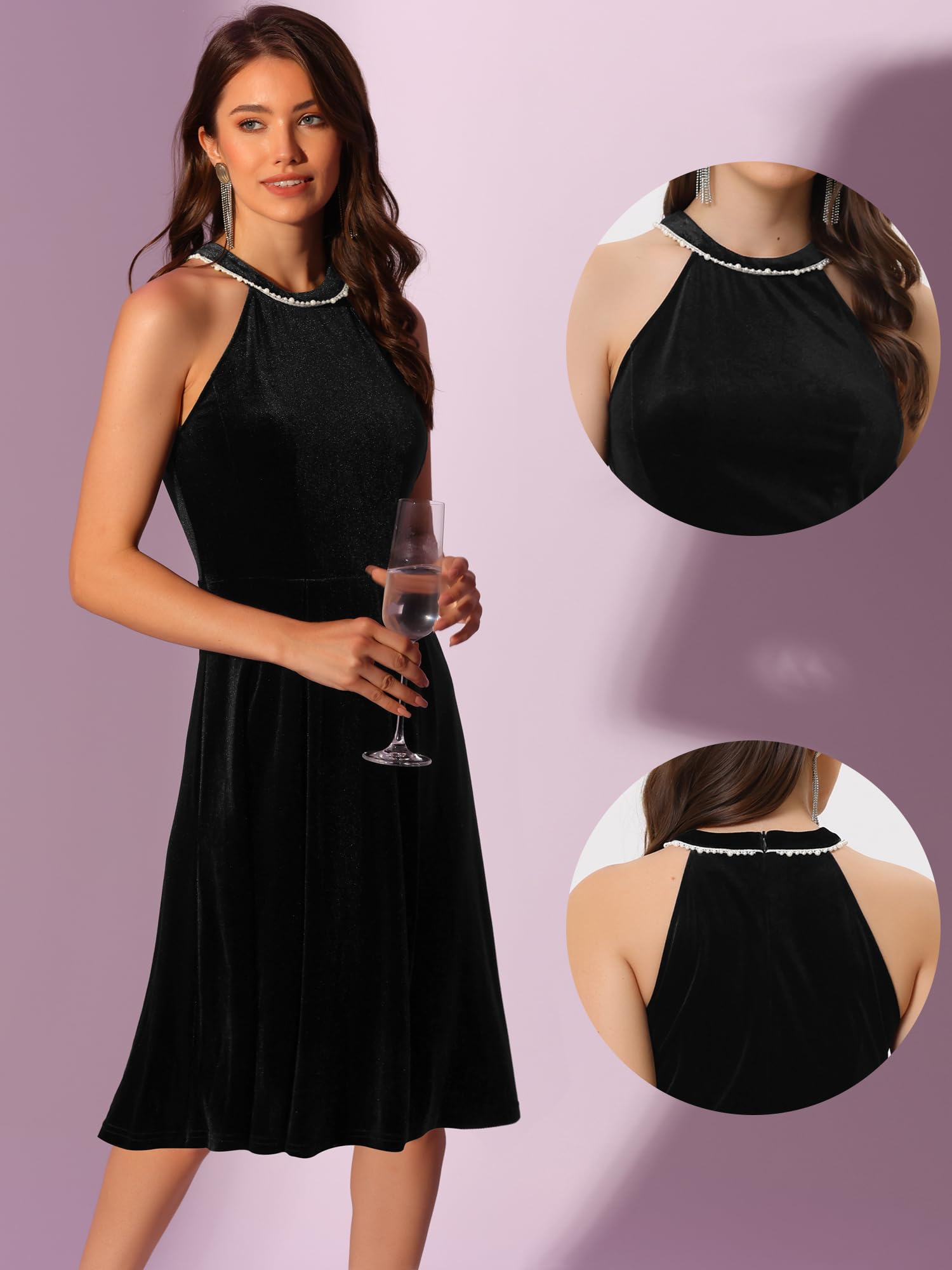 Allegra K Women's Formal Velvet Halter Neck Sleeveless Cocktail Dress with Pearl Details - Perfect for Evening Parties, Weddings & Holiday Events