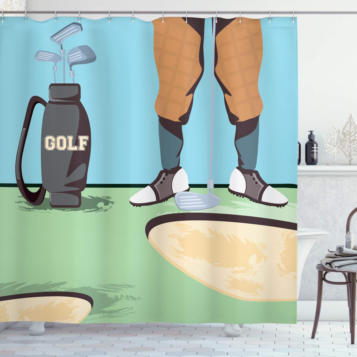 Ambesonne Golf Course Scene Shower Curtain - 69x75 Inch Golf Decor with Cartoon Golfer & Bag - Pale Green Multicolor Fabric Bathroom Set with Hooks - Perfect for Golf-Themed Bathrooms & Gifts for Golf Lovers