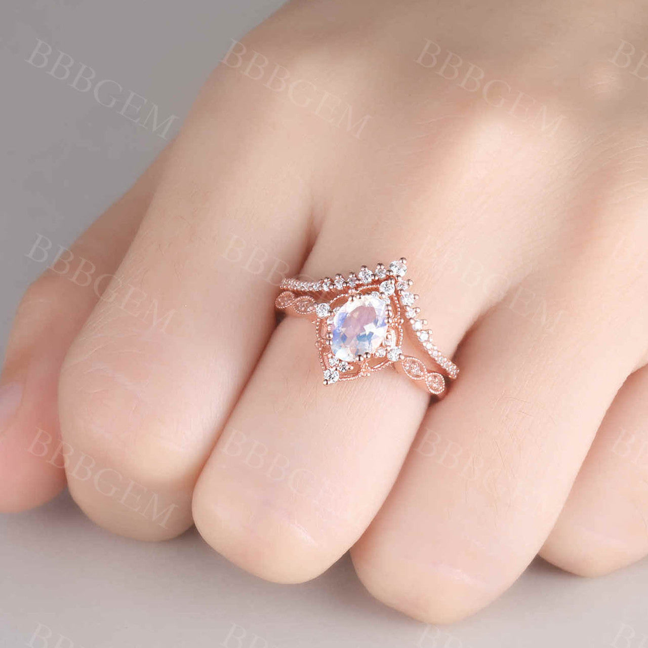 Antique Art Deco Moonstone Engagement Ring Set in Rose Gold - Oval Faceted Moonstone with Milgrain Detailing for Bridal & Wedding Jewelry | Perfect for Vintage-Inspired Proposals & Anniversary Gifts
