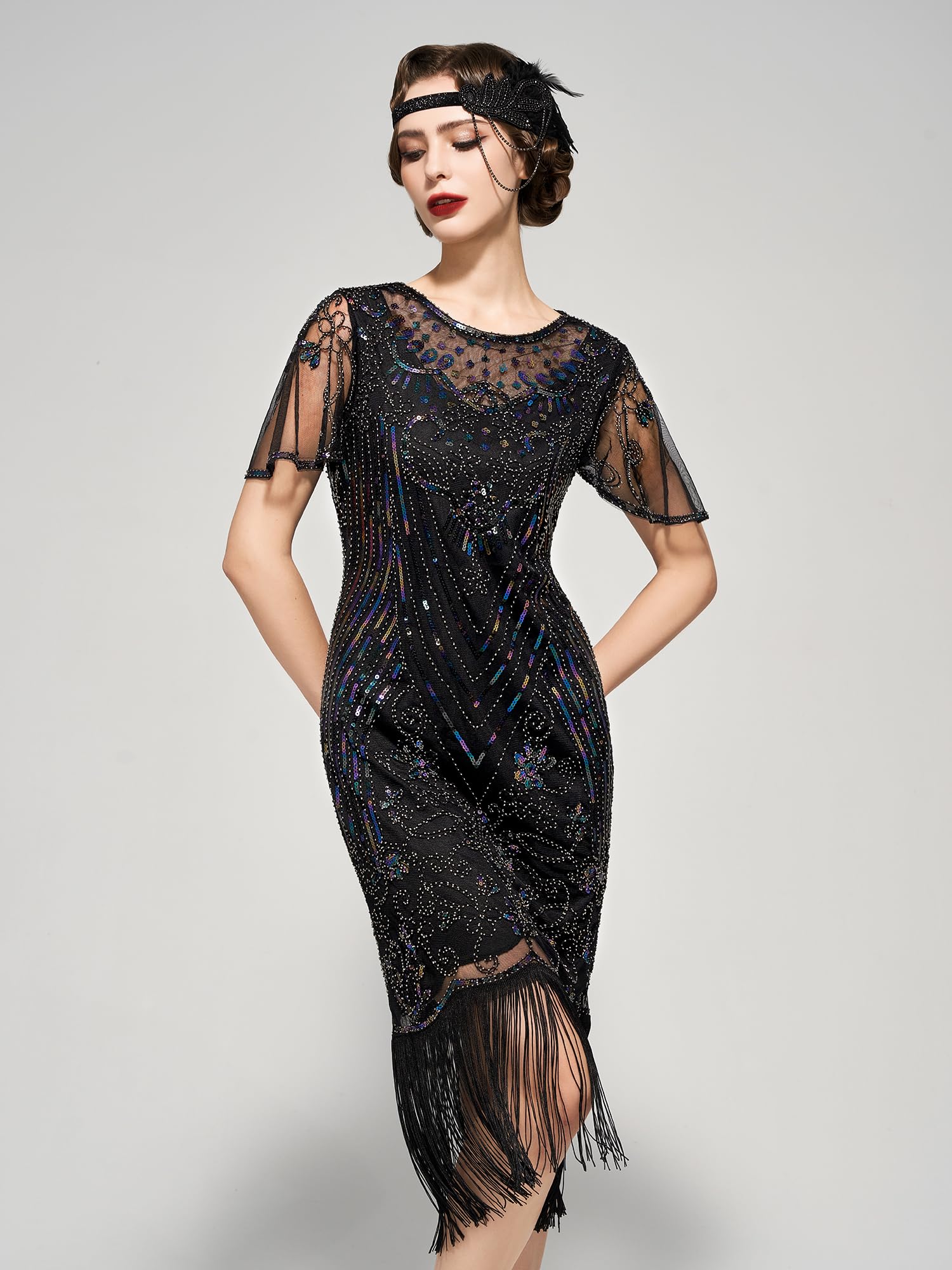 Vintage 1920s Flapper Dresses for Women - Roaring 20s Great Gatsby Style Sleeve Dress with Crew Neck | Perfect for Harlem Nights, Gatsby Parties & 1920s Themed Events