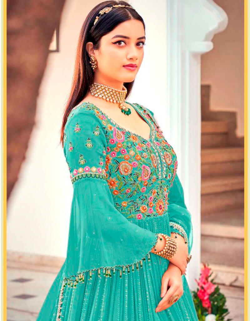 Blue Anarkali Style Suits - Faux Georgette Fabric for Women's Ethnic Wear | Perfect for Weddings, Parties & Festive Occasions