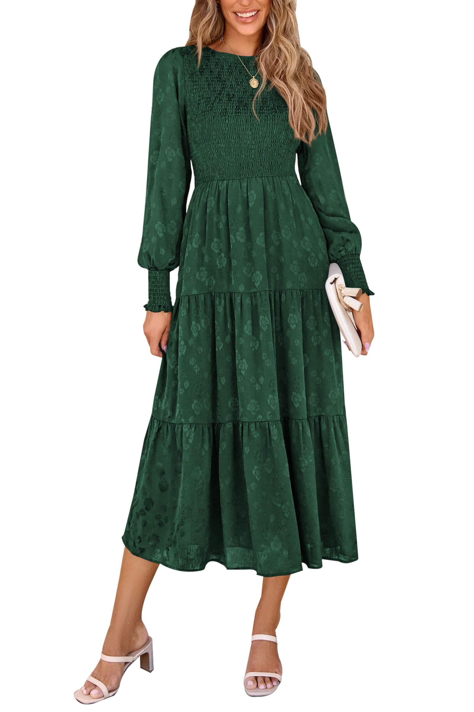 PRETTYGARDEN Women's Floral Midi Dress with Long Sleeves - Elegant Smocked Waist, Flowy Wedding Guest Dress with Pockets - Perfect for Fall, Spring Weddings, Parties & Special Occasions