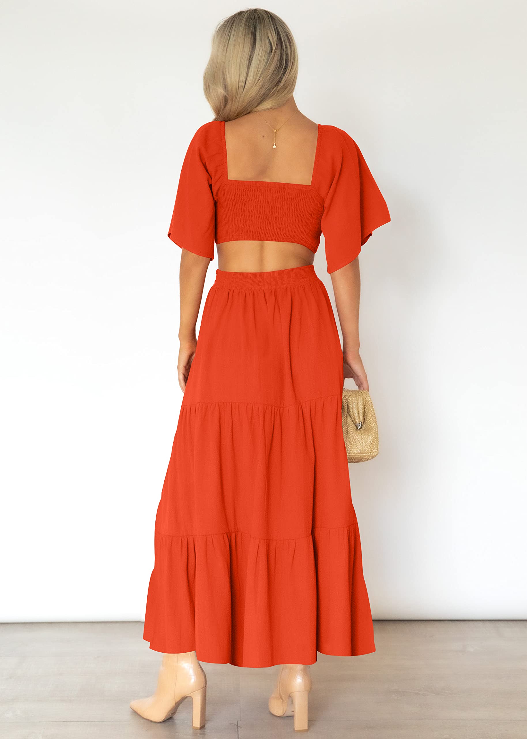 LEANI Women's 2025 Summer Cutout Maxi Dress - Square Neck Short Sleeve Crossover Waist Flowy Beach Dress for Casual Wear, Party & Vacation