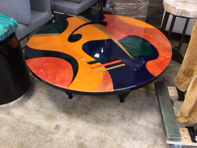 Signed Benjamin Le Round Abstract Design Wooden Coffee Table - Handcrafted Modern Art Furniture for Living Room, Lounge & Office Decor
