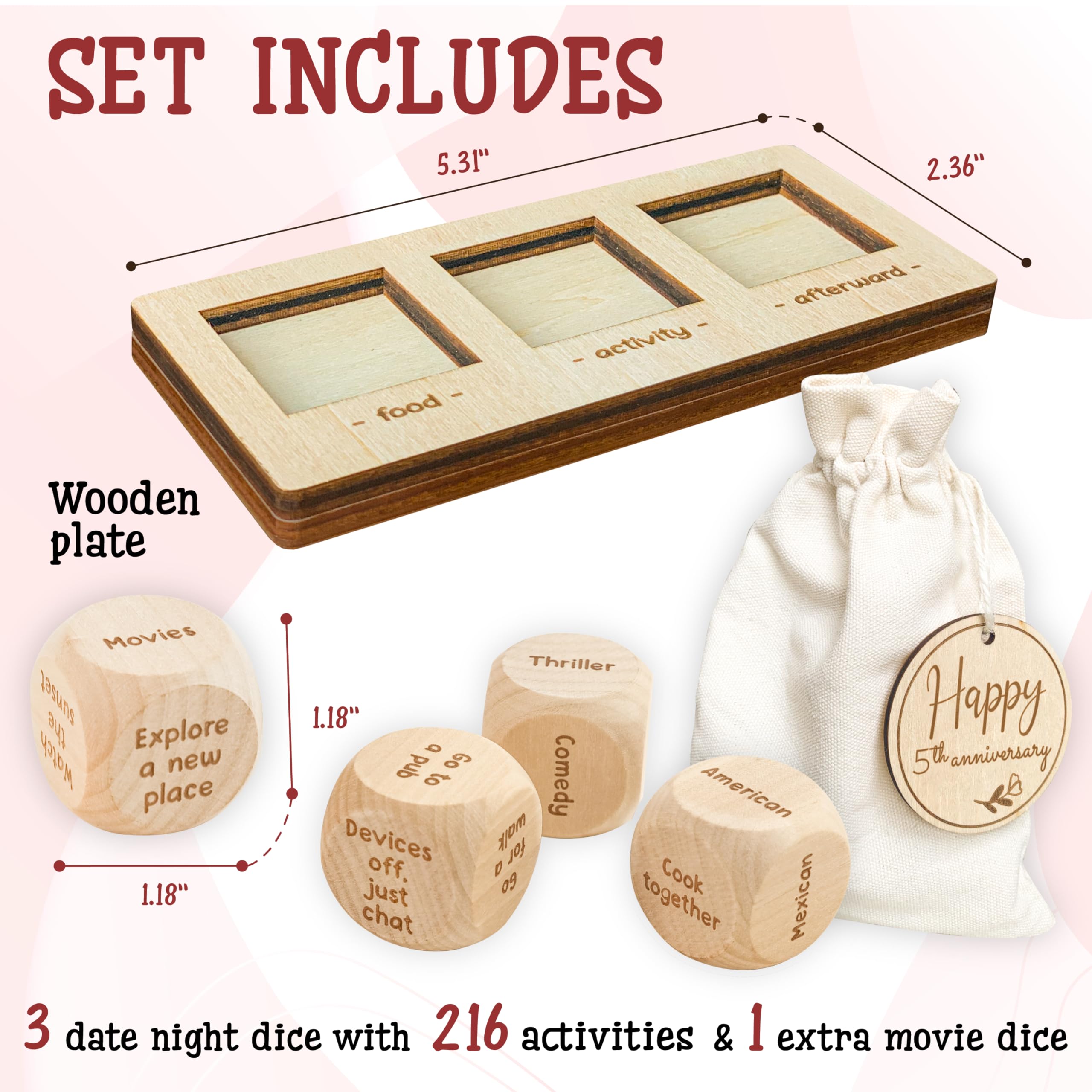 5th Anniversary Wooden Gift Set for Couples - Romantic Wedding Gifts for Him & Her, 5 Year Marriage Keepsake with Date Night Dice - Perfect for Anniversaries, Valentine's Day & Romantic Evenings at Home