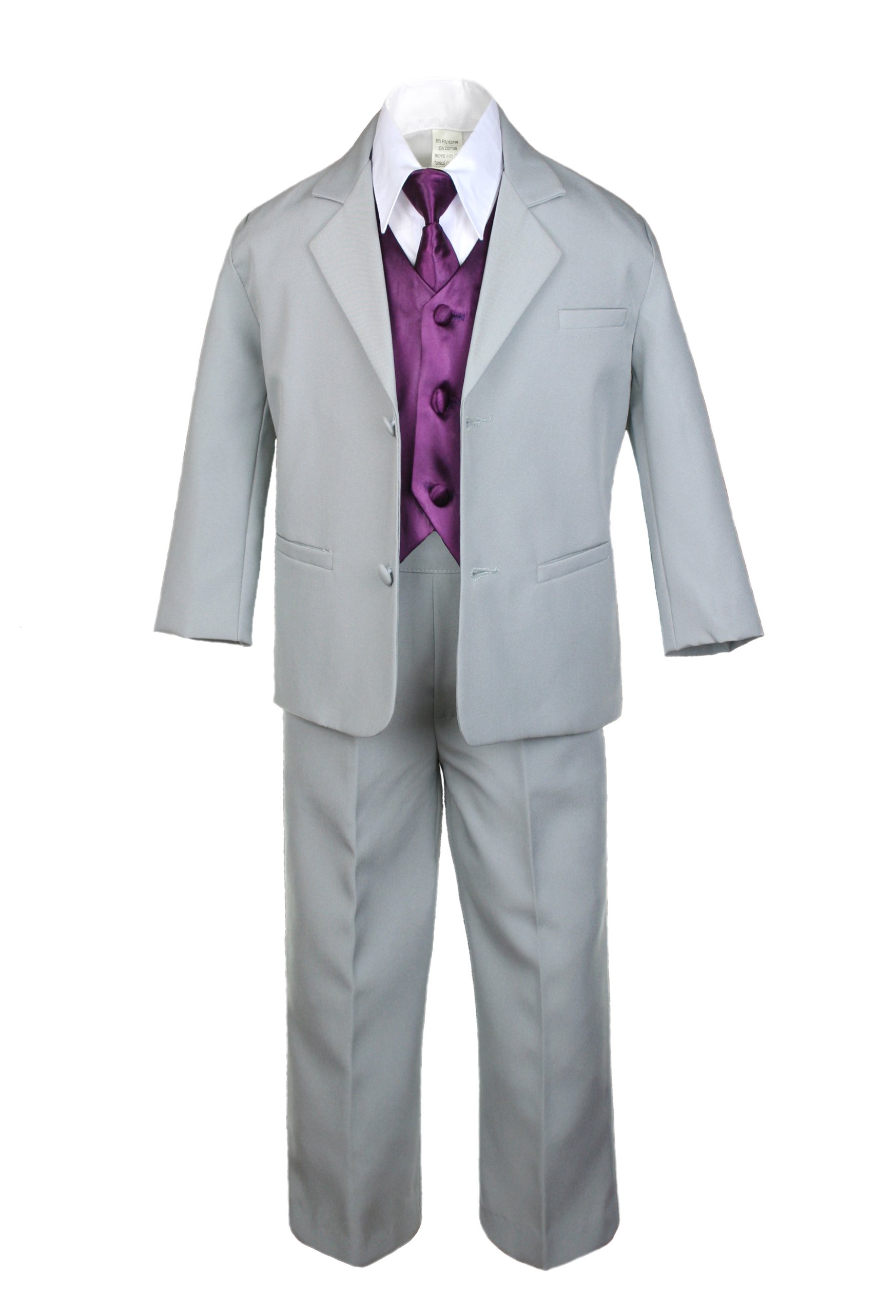 7-Piece Boys Silver Suit with Satin Eggplant Vest Set - Formal Wear for Baby to Teen - Perfect for Weddings, Parties & Special Occasions
