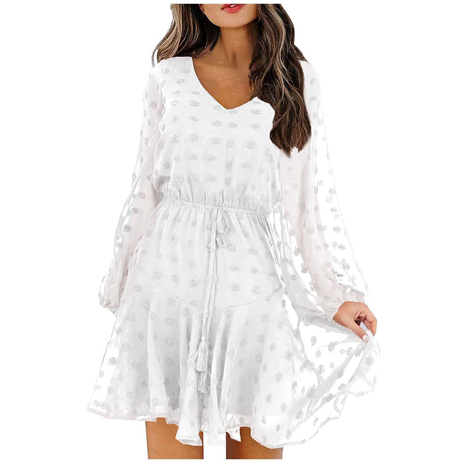 Women's Flowy V-Neck Long Sleeve Mini Dress - Casual Loose Fit Polka Dot Coral Summer Dress for Women | Perfect for Beach Outings, Date Nights & Office Wear