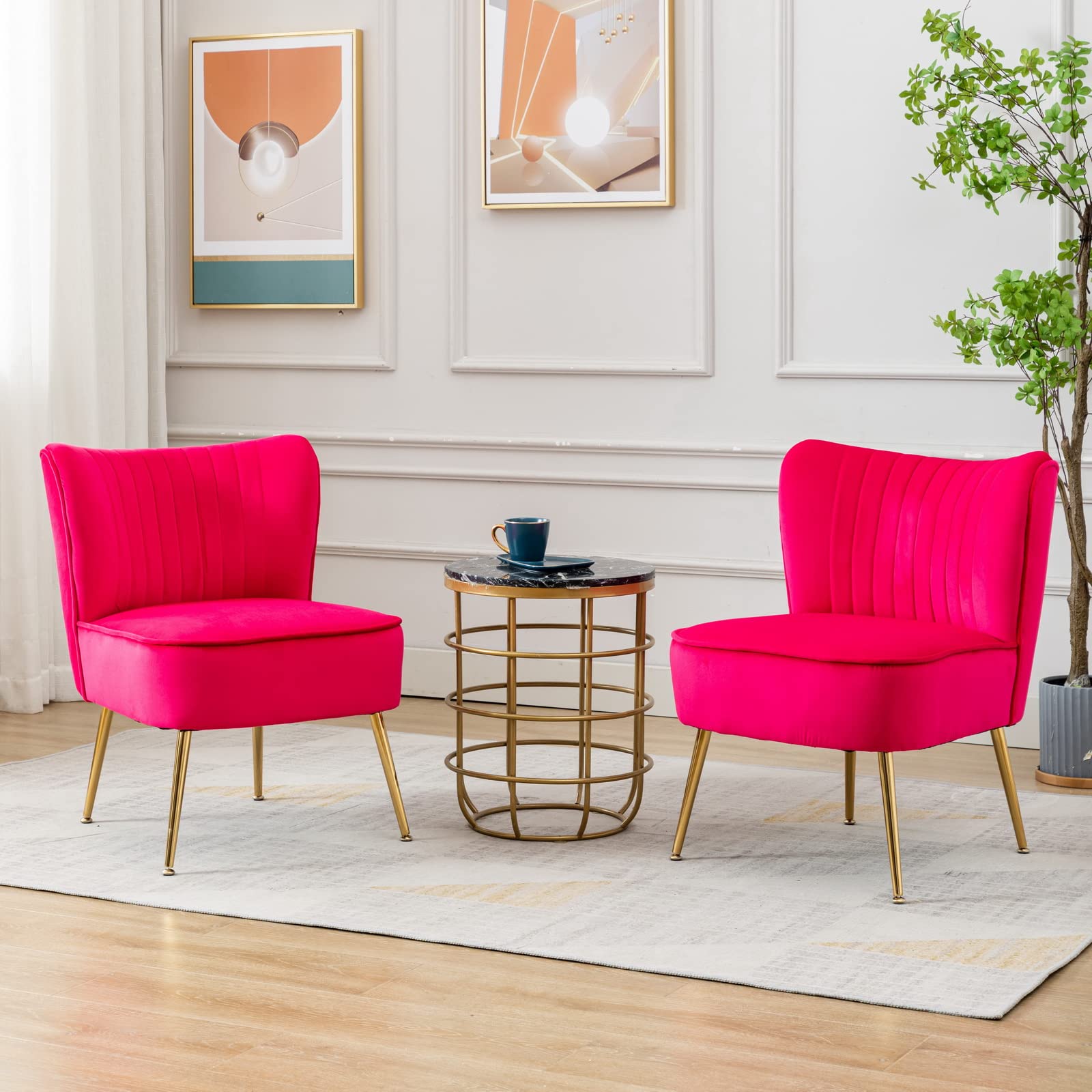 CIMOTA Velvet Accent Chairs Set of 2 - Modern Armless Slipper Chairs with Golden Legs for Living Room, Bedroom, Office - Rose Red Wingback Lounge Chairs for Reading Nook, Cozy Corner & Home Decor