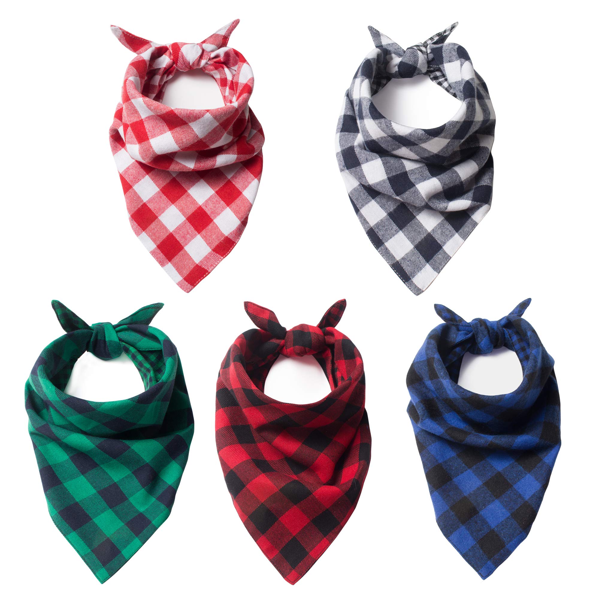 HuskyLove Reversible Buffalo Plaid Dog Bandana - 5 Pack Washable Cotton Pet Bandanas for Small Medium Large Dogs & Cats | Perfect for Holidays, Photos & Everyday Wear (Large Size)