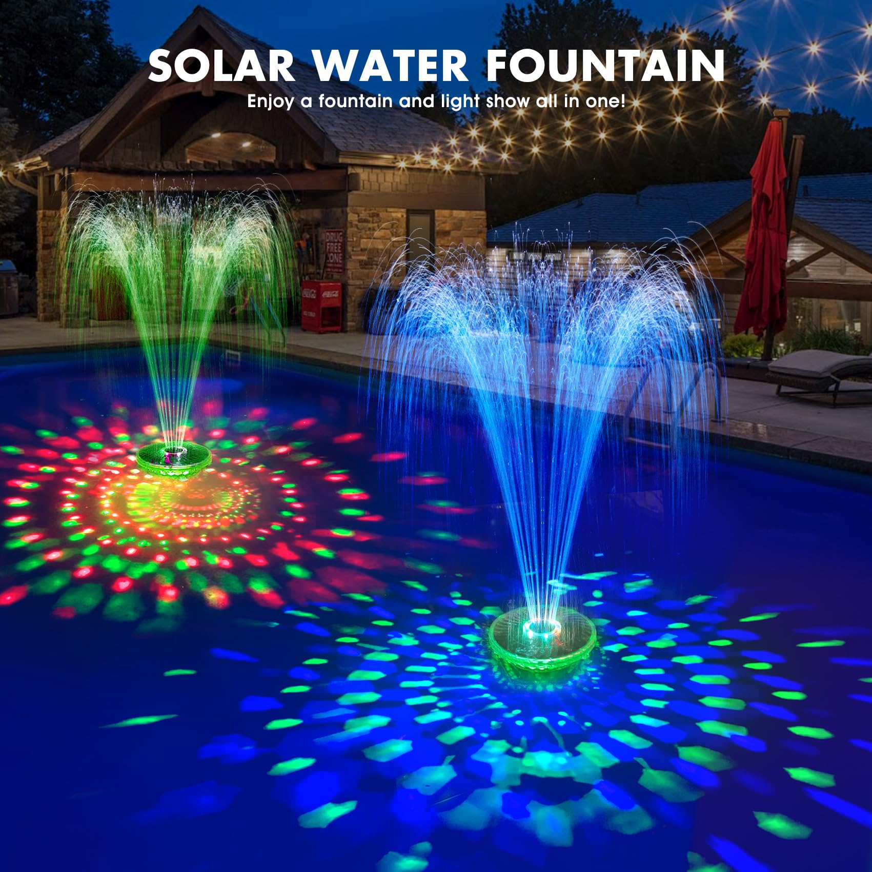 DeeprBetter Solar Pool Fountain with LED Lights - High Efficiency Solar Powered Floating Water Fountain Pump for Above Ground Pools - Blue Solar Pool Waterfall & Sprinkler - Perfect for Backyard, Garden & Patio Decor