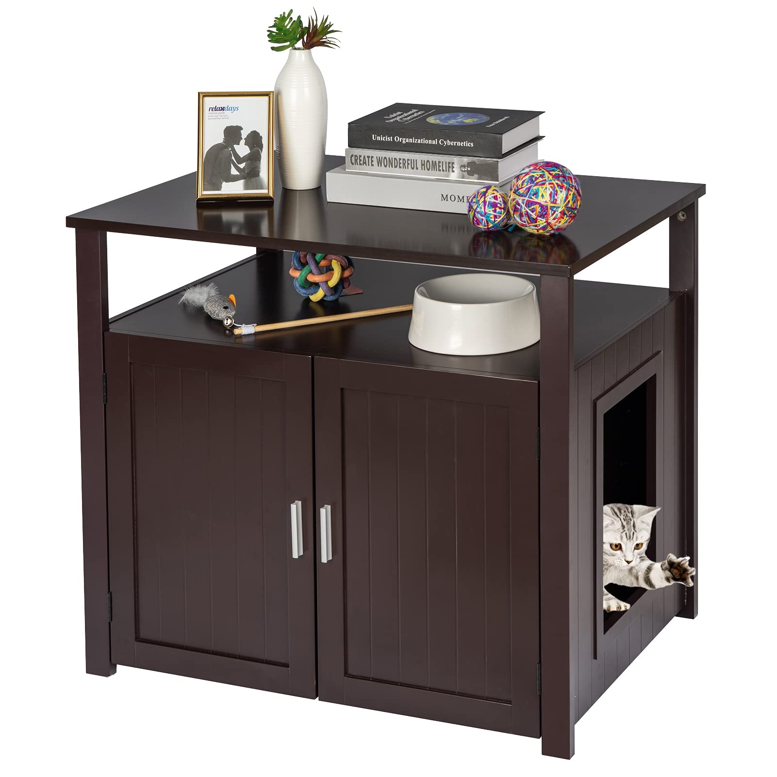 Phupaw Hidden Cat Litter Box Furniture - Large Enclosed Litter Box Side Table with Tabletop | Indoor Decorative Cat Washroom Storage Cabinet for Living Room, Bedroom & Apartment