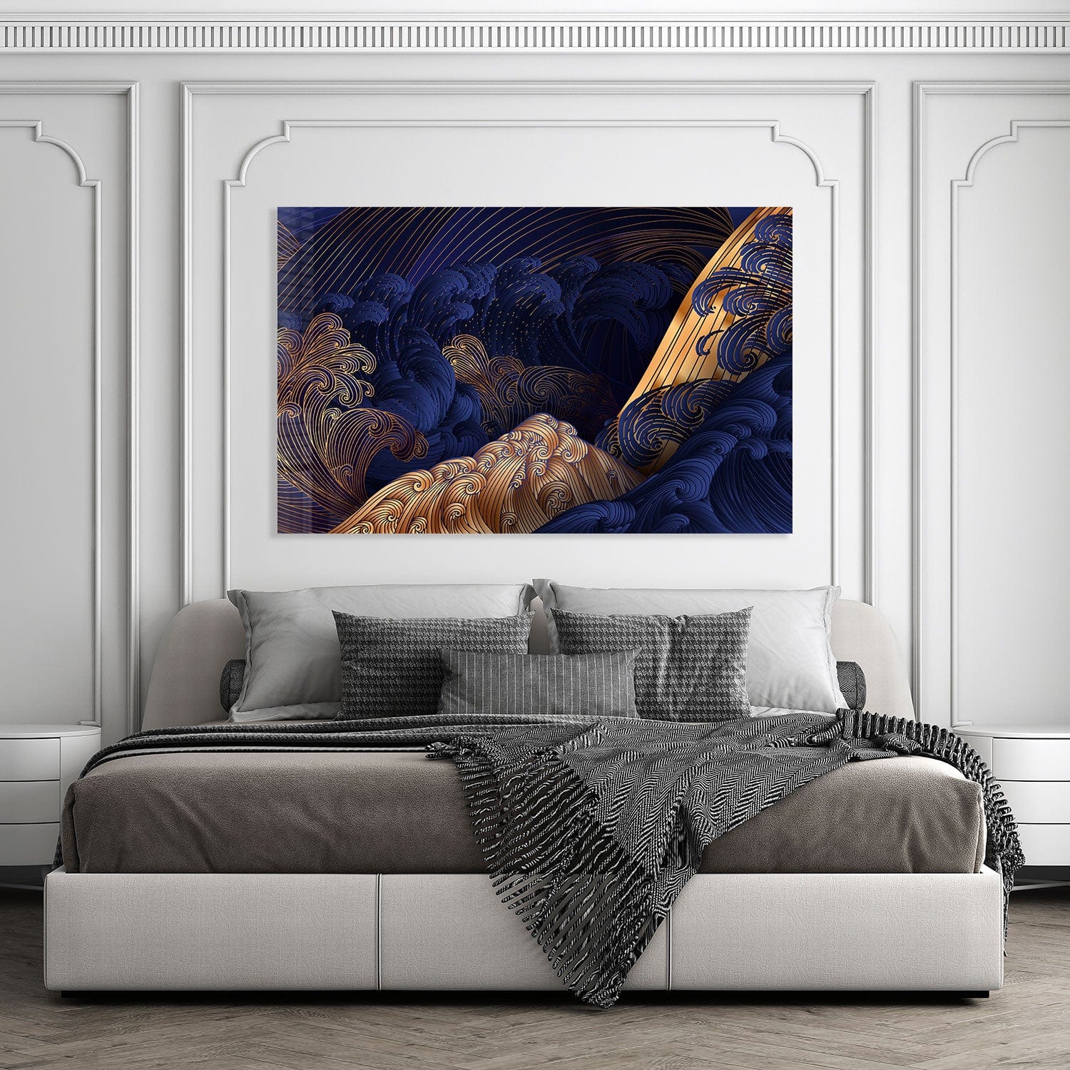 Golden Blue Waves Tempered Glass Wall Art - Modern Ocean Themed Decor for Living Room, Bedroom & Office - Shatterproof & Stylish Home Accent