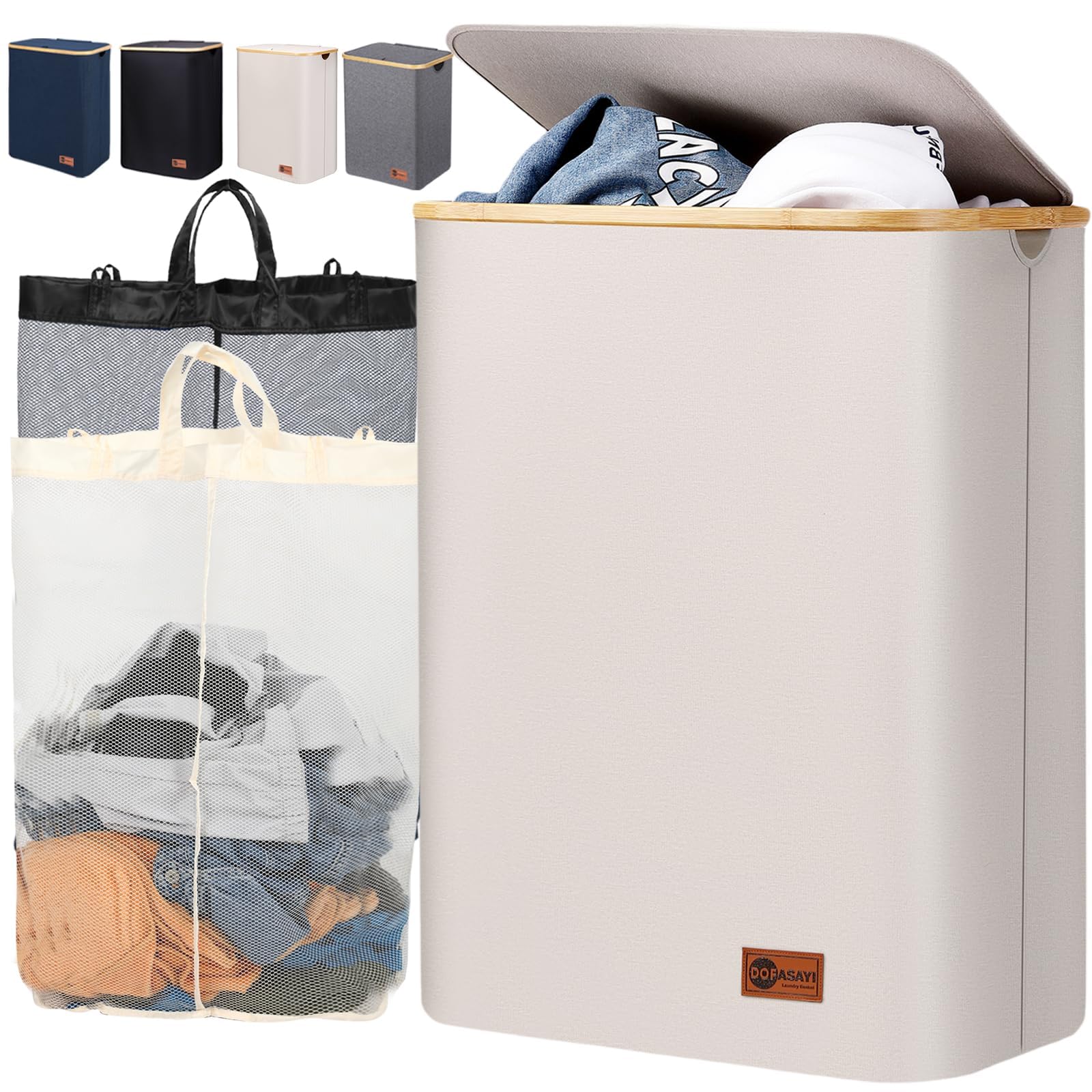 155L Large Laundry Hamper with Lid & Removable Bags - 2 Section Collapsible Laundry Basket with Bamboo Handles, Sturdy Storage Organizer for Clothes, Towels & Linens - Perfect for Bedroom, Bathroom, Dorm & Laundry Room Organization (Beige)