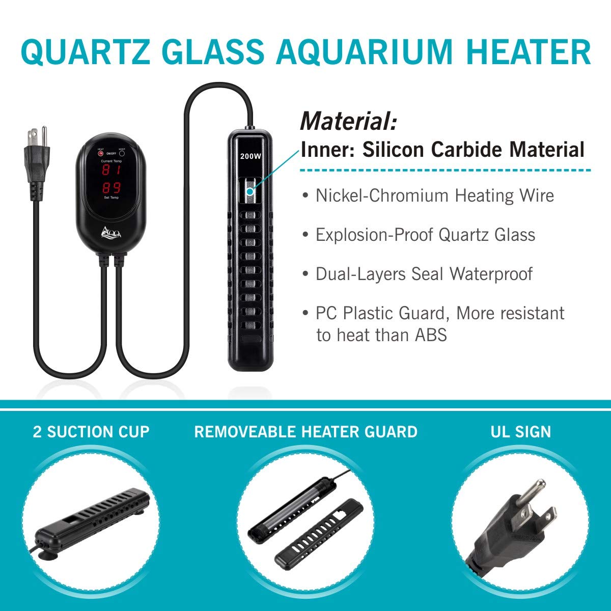 AQQA 200W Submersible Aquarium Heater for 45-80 Gallon Fish Tanks - Betta, Freshwater & Saltwater Thermostat Heater | Perfect for Home Aquariums, Fish Breeding & Tropical Tanks