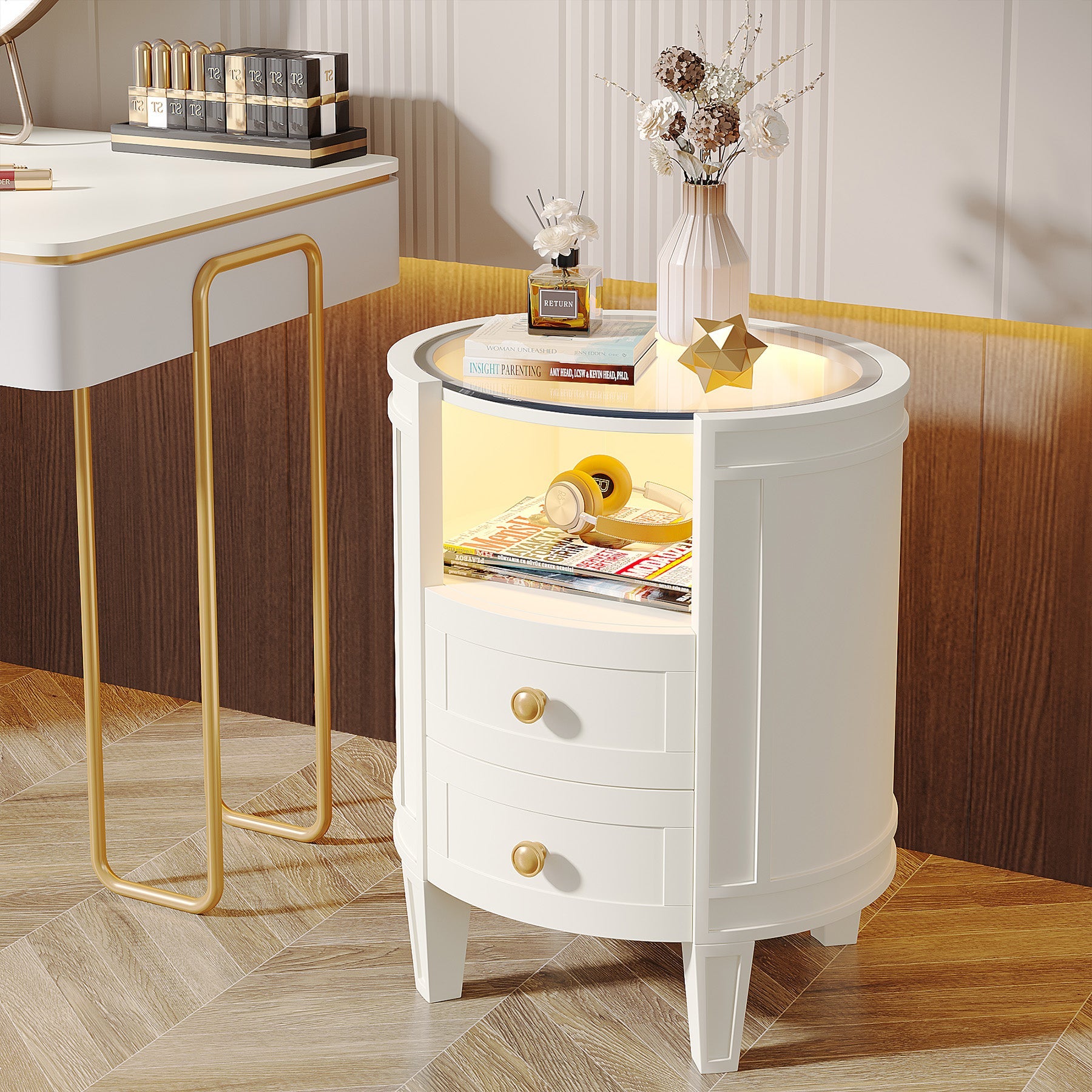Modern 2-Drawer LED Nightstand with Glass Top - Stylish Bedside Table for Bedroom, Living Room & Office - Perfect for Storage & Ambient Lighting