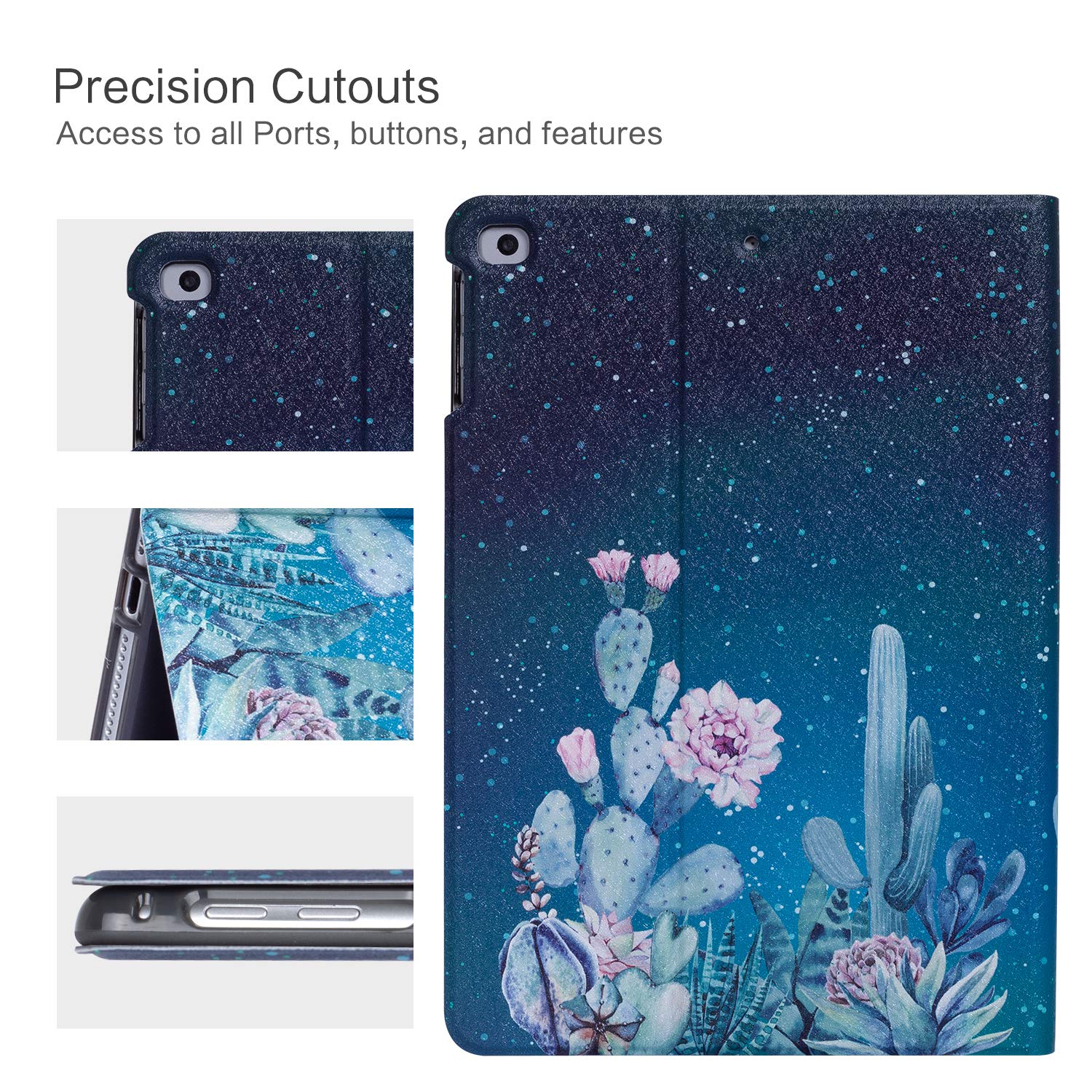 Vimorco Slim Shockproof PU Leather Case for iPad 5th/6th Generation 9.7 inch (2017/2018) & iPad Air 1/2 - Adjustable Stand Cover with Moon Cactus Design | Perfect for Work, Travel & Home Use