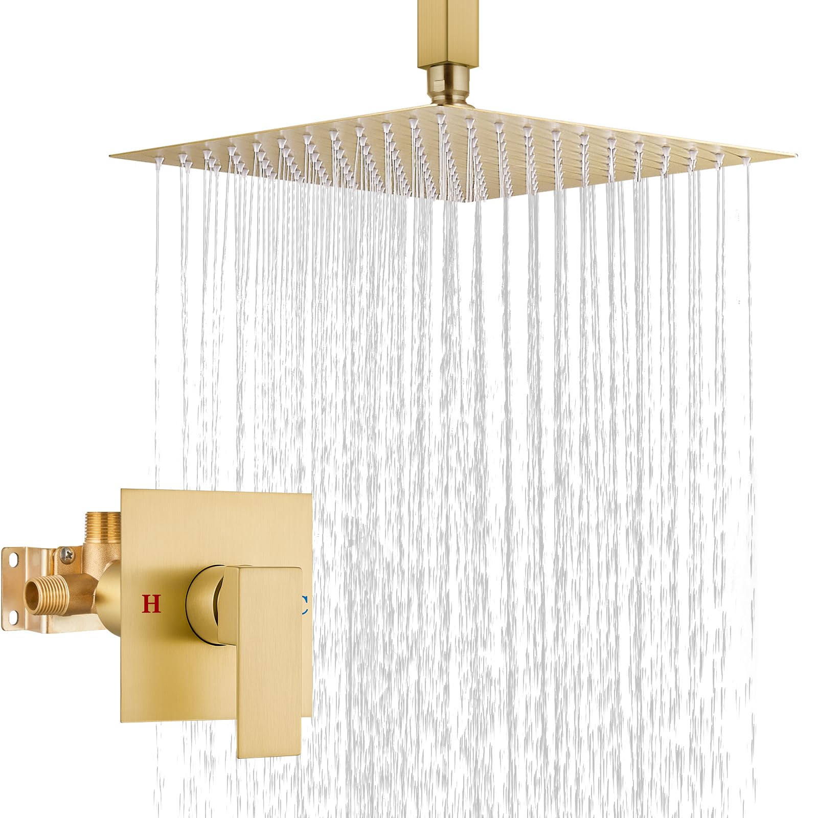 Airuida Brushed Gold Ceiling Mount Rainfall Shower System - 10 Inch Square Shower Head with Single Function Trim Kit, Male Threads & Rough-in Valve | Perfect for Modern Bathroom Renovations & Spa-Like Shower Experience