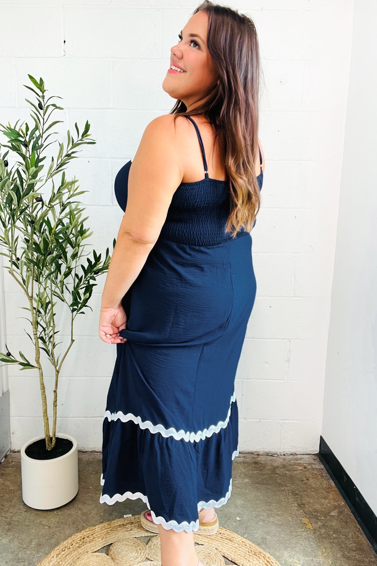 Bold & Sassy Navy Blue Square Neck Maxi Dress with Ric Rac Trim & Adjustable Straps - Perfect for Summer Beach Vacations, Date Nights & Boho Chic Outfits