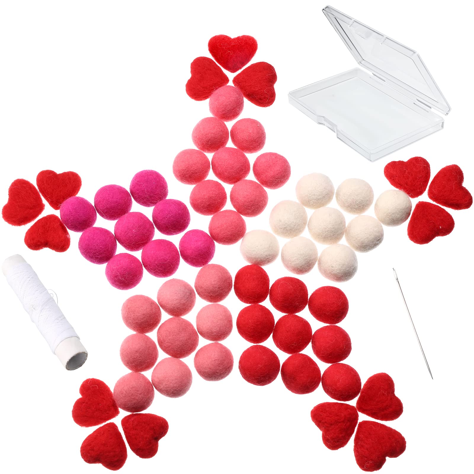 63-Piece Wool Felt Balls & Hearts Set - 15 Heart-Shaped Pom Poms for Valentine's Day DIY Crafts, Home Decor & Garland Making - Includes Sewing Kit for Easy DIY Projects | Perfect for Party Decorations, Gift Wrapping & Nursery Decor