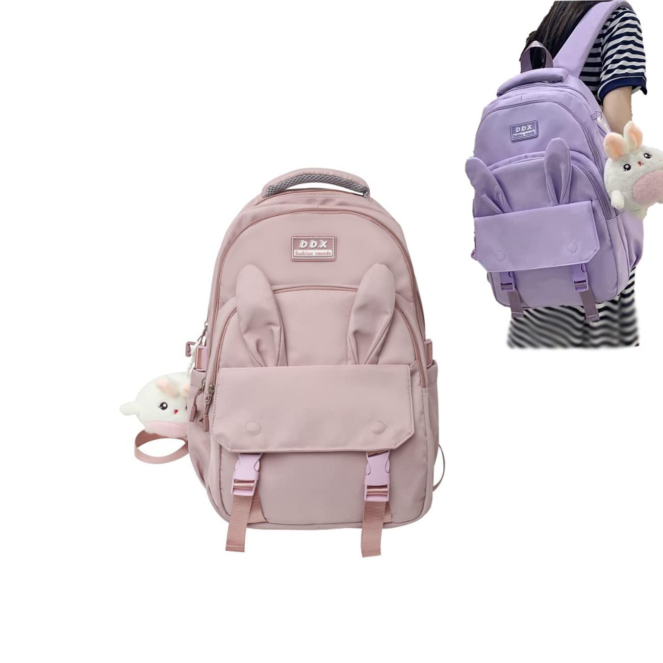 Cute Bunny Backpack for Girls - Kawaii Bunny Ear School Backpack with Adorable Bear Pendant | Perfect for School, Travel & Everyday Use