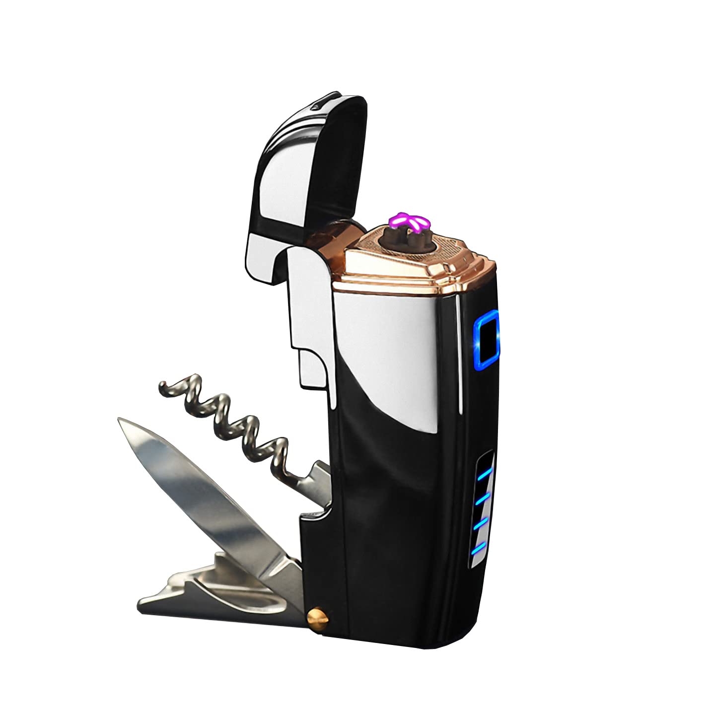 GIXXHLG 4-in-1 Multi-Function Electronic Lighter with Knife - USB Rechargeable Plasma Lighter, Outdoor Camping Tool with Wine Opener for Candle Lighting, BBQ, Kitchen & Travel (Butane Free, Black)
