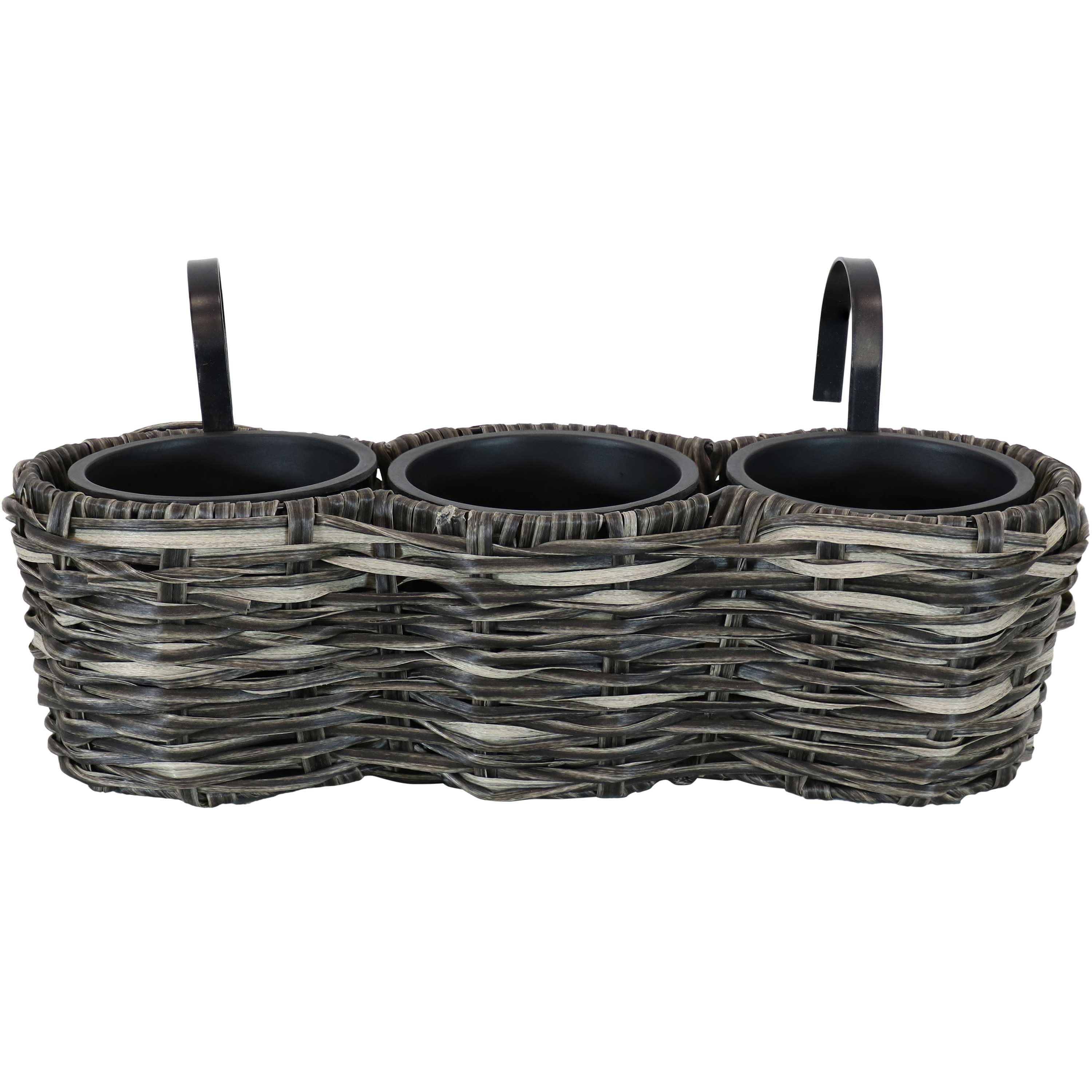 Sunnydaze Round Polyrattan 3-Section Over the Rail Planter - Hanging Flower Box for Balcony, Deck, Porch & Window Railings - Outdoor Garden Decor
