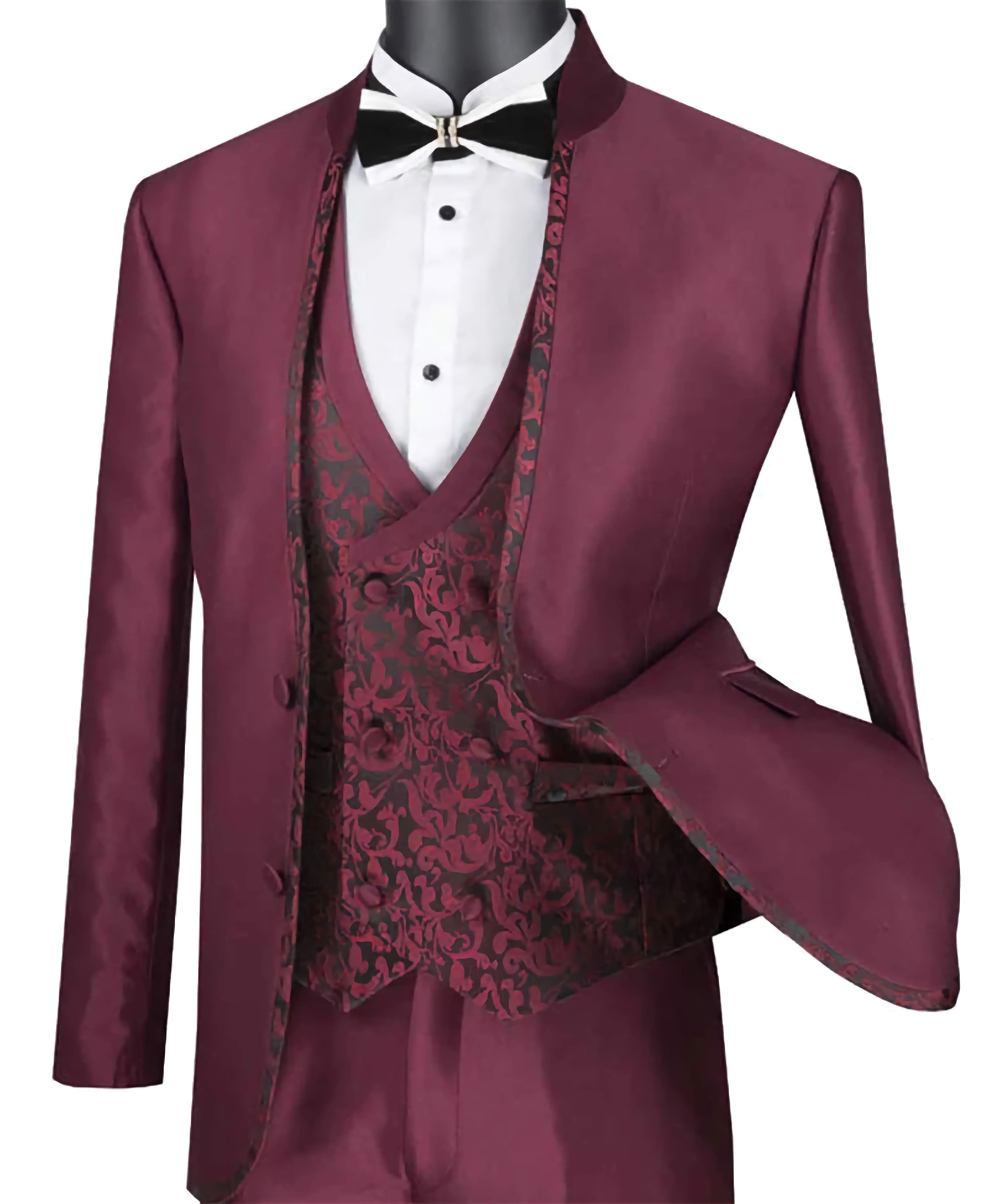 Stylish Slim Fit 3-Piece Burgundy Sharkskin Suit with Banded Collar | Perfect for Weddings, Business Meetings & Formal Events