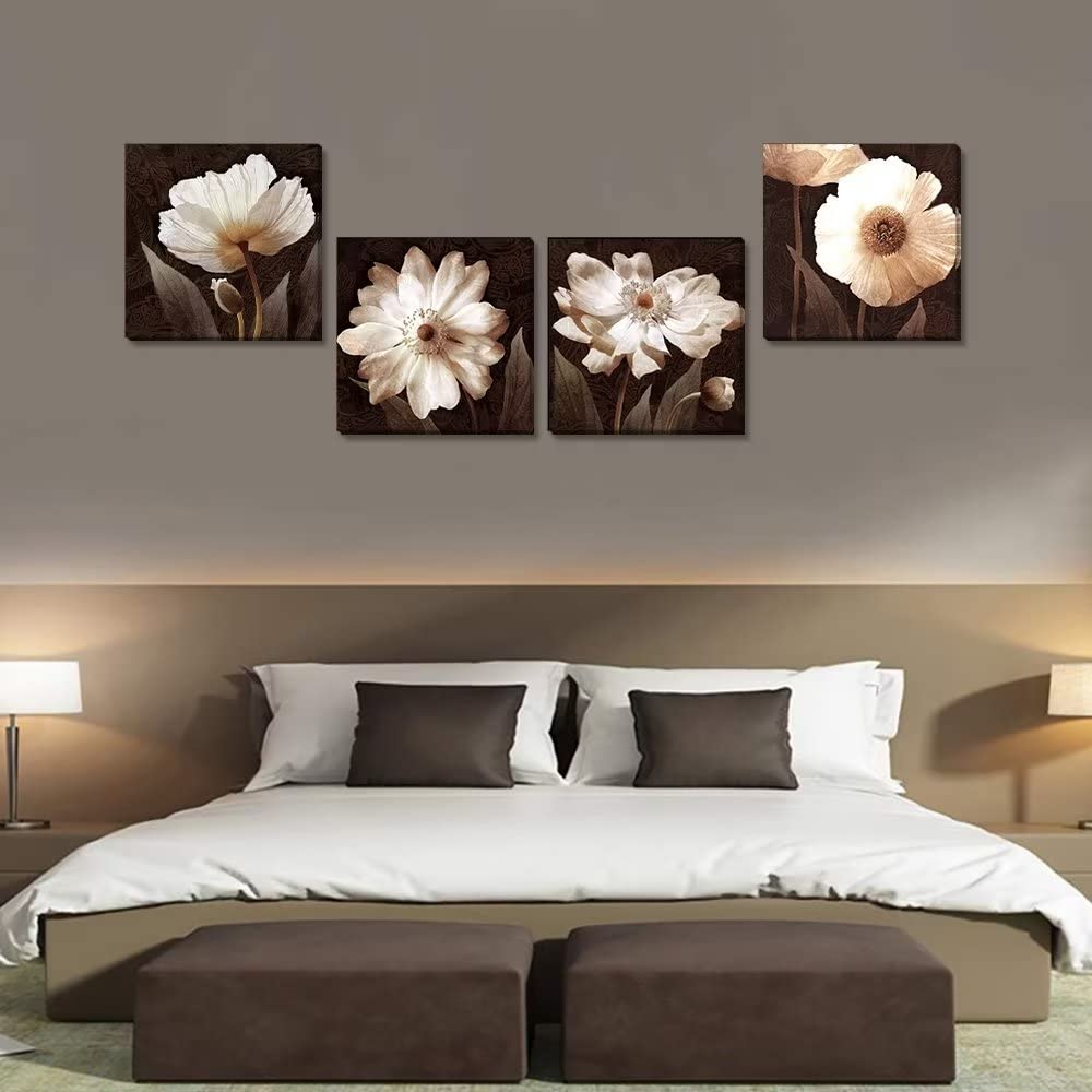 Brown Floral Abstract Canvas Wall Art Set - HDQ Framed Giclee Prints for Living Room & Bedroom Decor (20x20 Inch, 4 Panels) | Perfect for Home, Office & Gift Giving