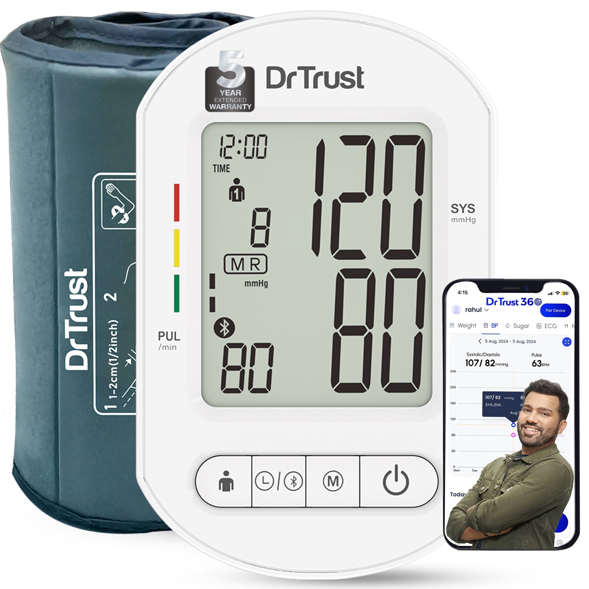 Dr Trust USA Bluetooth Blood Pressure Monitor - Accurate & Portable Core Model for Home Use - Track & Monitor Health with Smartphone App - Perfect for Seniors & Hypertension Patients