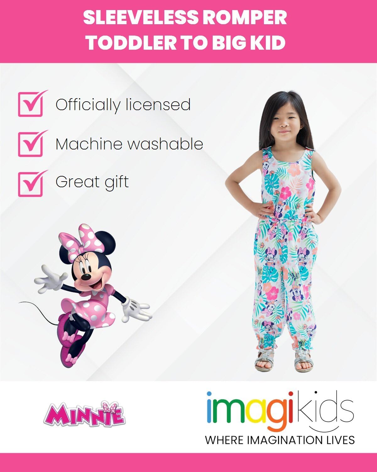 Disney Mickey Mouse & Minnie Mouse Girls' Sleeveless Romper Jumpsuit - Cute Toddler to Big Kid Outfit for Summer Playdates, Beach & Birthday Parties