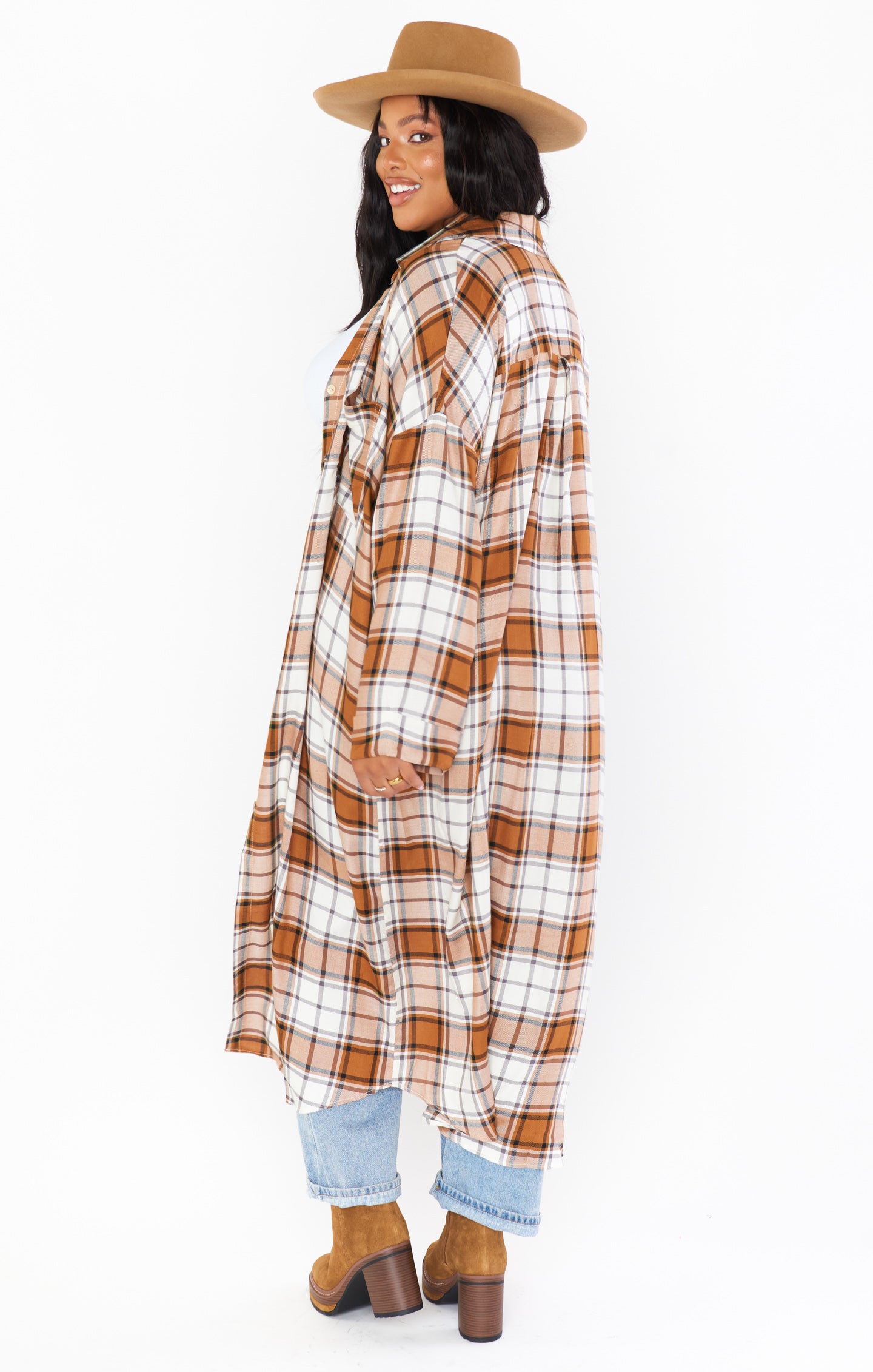 Leo Button Down Tunic Top - Tan Plaid Flannel Shirt for Women | Casual Office Wear & Fall Layering Outfit