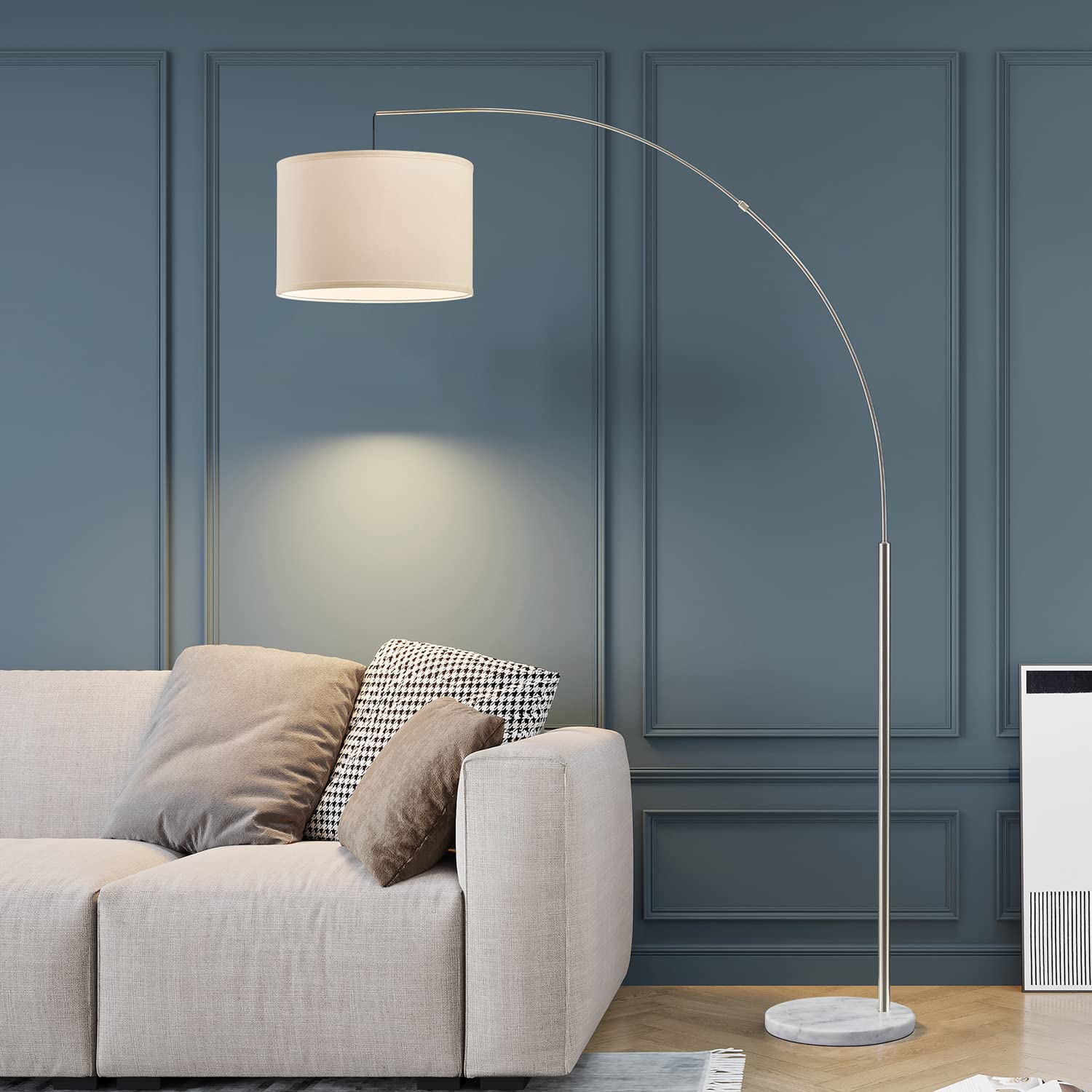 Oneach Modern Arc Floor Lamp - Brushed Steel Standing Light for Living Room, Bedroom, Office - Adjustable Arch Design with Hanging Shade for Reading Over Couch, Sofa or Desk - Silver Finish