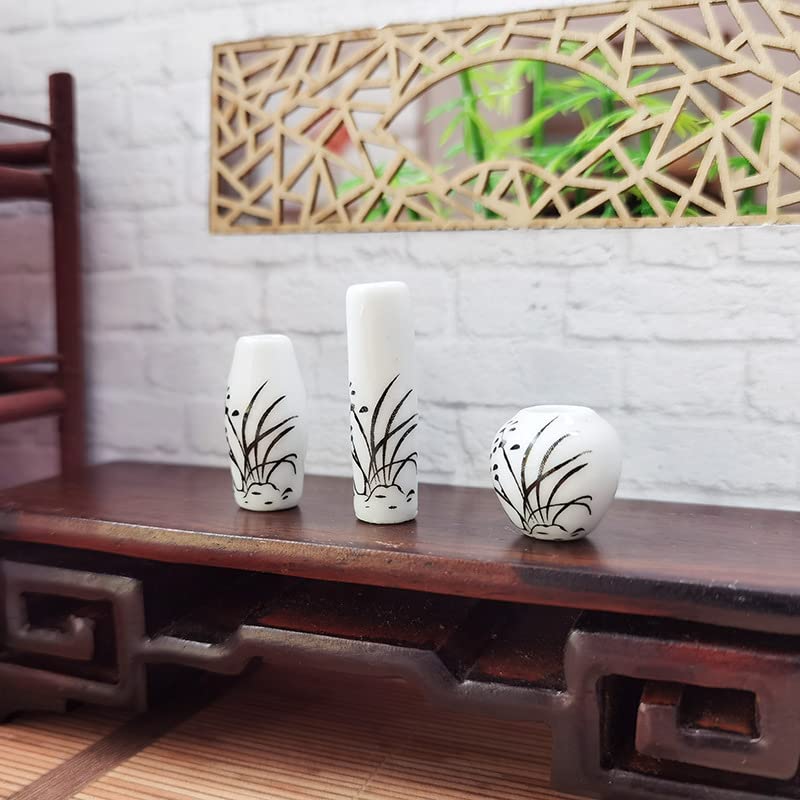 1:12 Scale Miniature Porcelain Vases Set - Hand-Painted Chinese Orchid Design, Dollhouse Decor, Collectible Mini Vases (Set of 3) - Perfect for Dollhouse Accessories, Miniature Displays & Home Decor