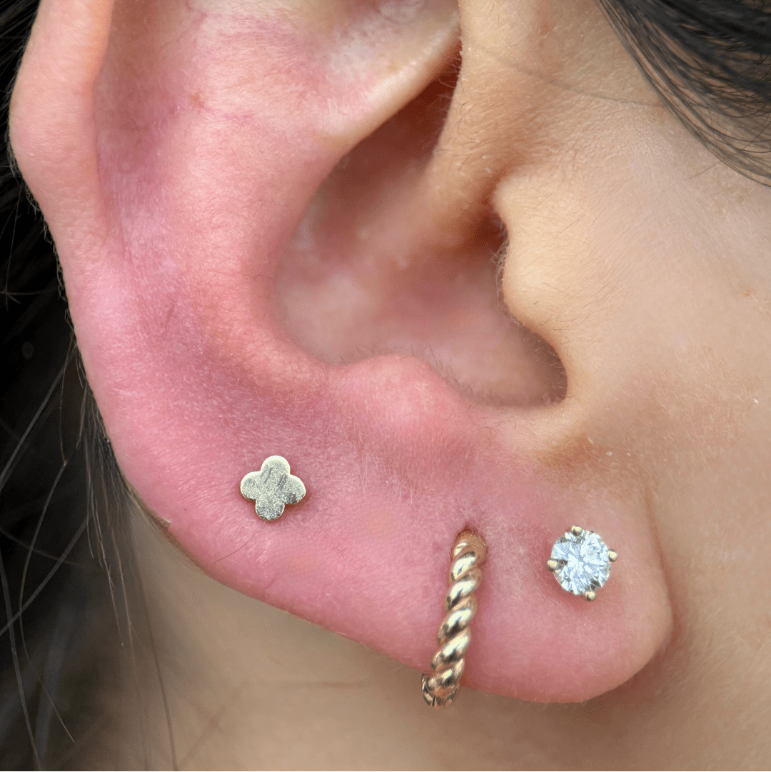 14K Solid Yellow Gold Clover Flat Back Stud Earrings - Perfect for Everyday Wear, Gifts & Special Occasions