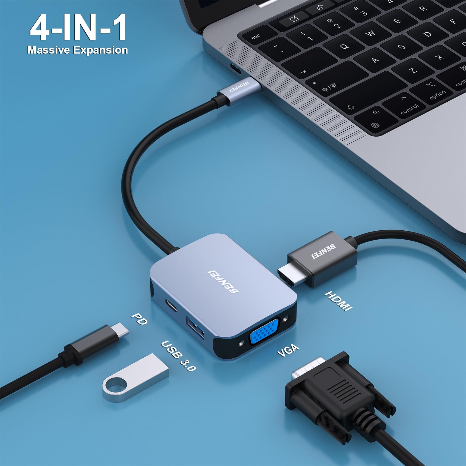 BENFEI 4-in-1 USB C Hub with HDMI & VGA - for MacBook, iPad, iPhone 15, XPS 17