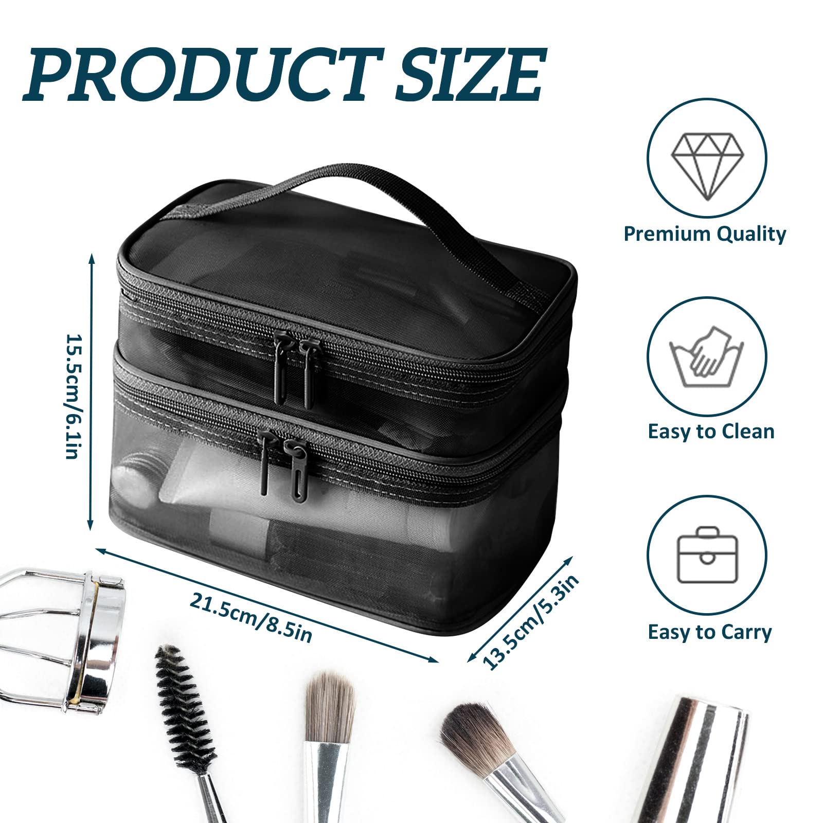 Double Layer Makeup Bag - Large Mesh Travel Cosmetic Pouch with Double Zipper, Waterproof Toiletry Organizer for Makeup Brushes & Essentials (Black) | Perfect for Travel, Gym & Daily Use